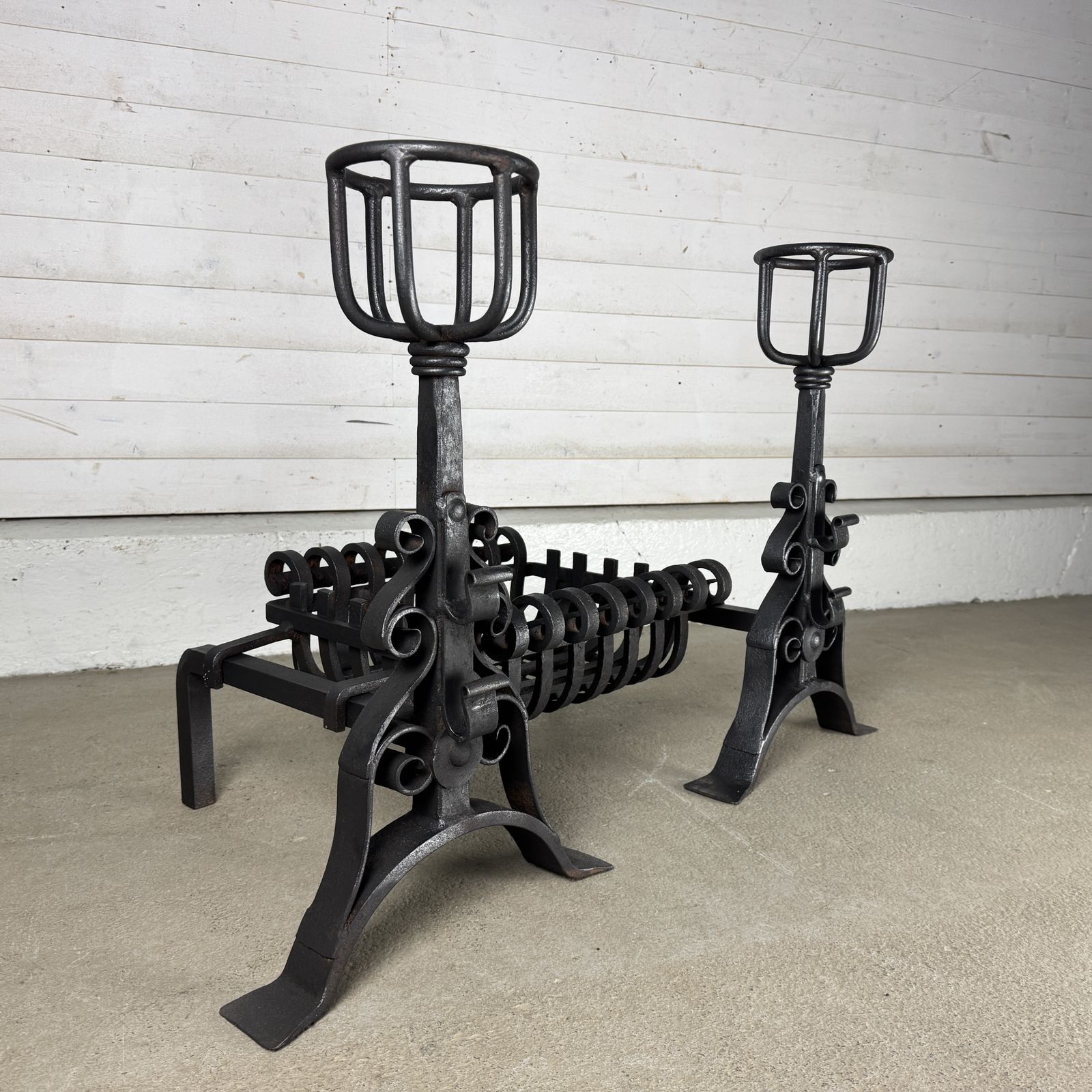 Reclaimed Iron Fire Basket Of Dogs With Scroll Design photo for sale