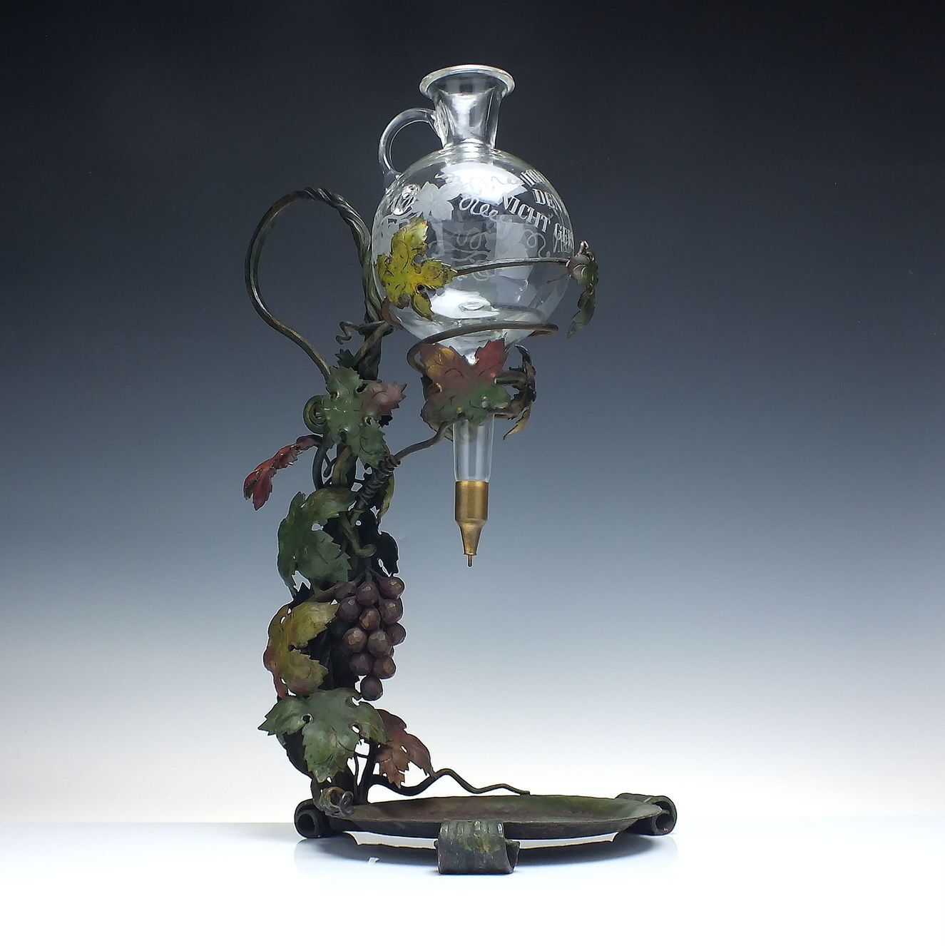 Exceptional Art Nouveau Wrought Iron Engraved Glass Wine Carafe Dispenser C1900 photo for sale