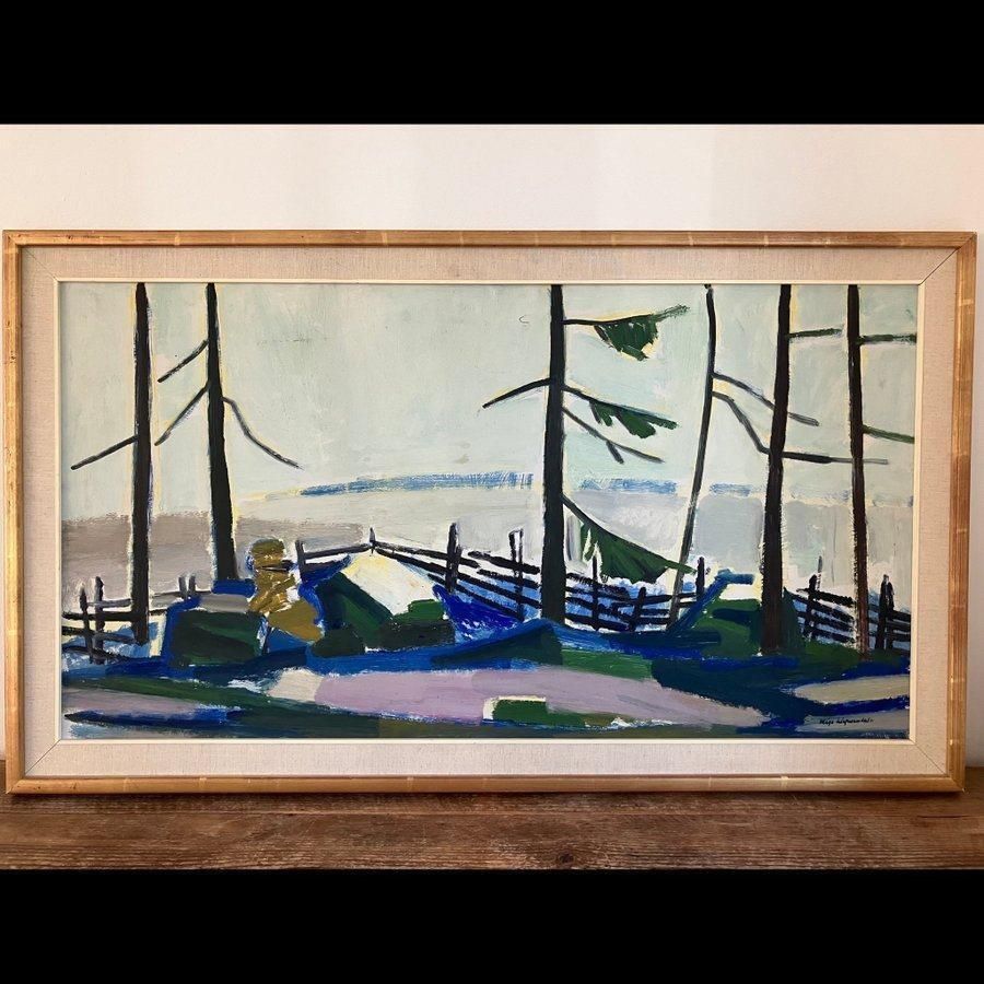 Original Mid Century Swedish Oil On Panel– “Winter Day In The Garden” By Kåge Liefwendal 1960s, Signed & Framed 102 × 60 Cm (40.2" × 23.6") photo for sale