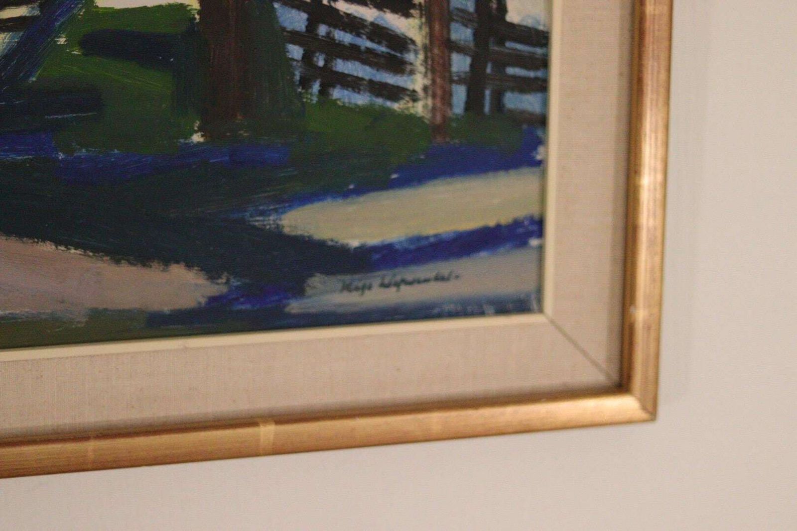 photo furniture Original Mid Century Swedish Oil On Panel– “Winter Day In The Garden” By Kåge Liefwendal 1960s, Signed & Framed 102 × 60 Cm (40.2" × 23.6")