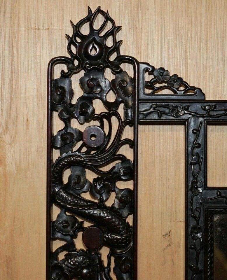 Lovely Ornately Carved Vintage Chinese Dragon Wall Mirror With Original Plate photo for sale