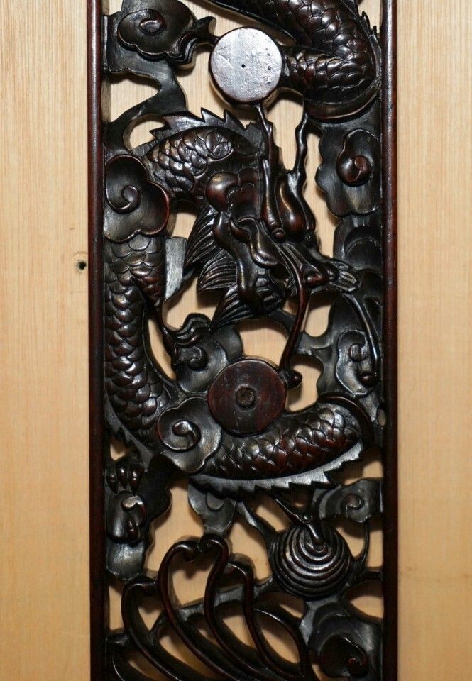Lovely Ornately Carved Vintage Chinese Dragon Wall Mirror With Original Plate photo vinterior
