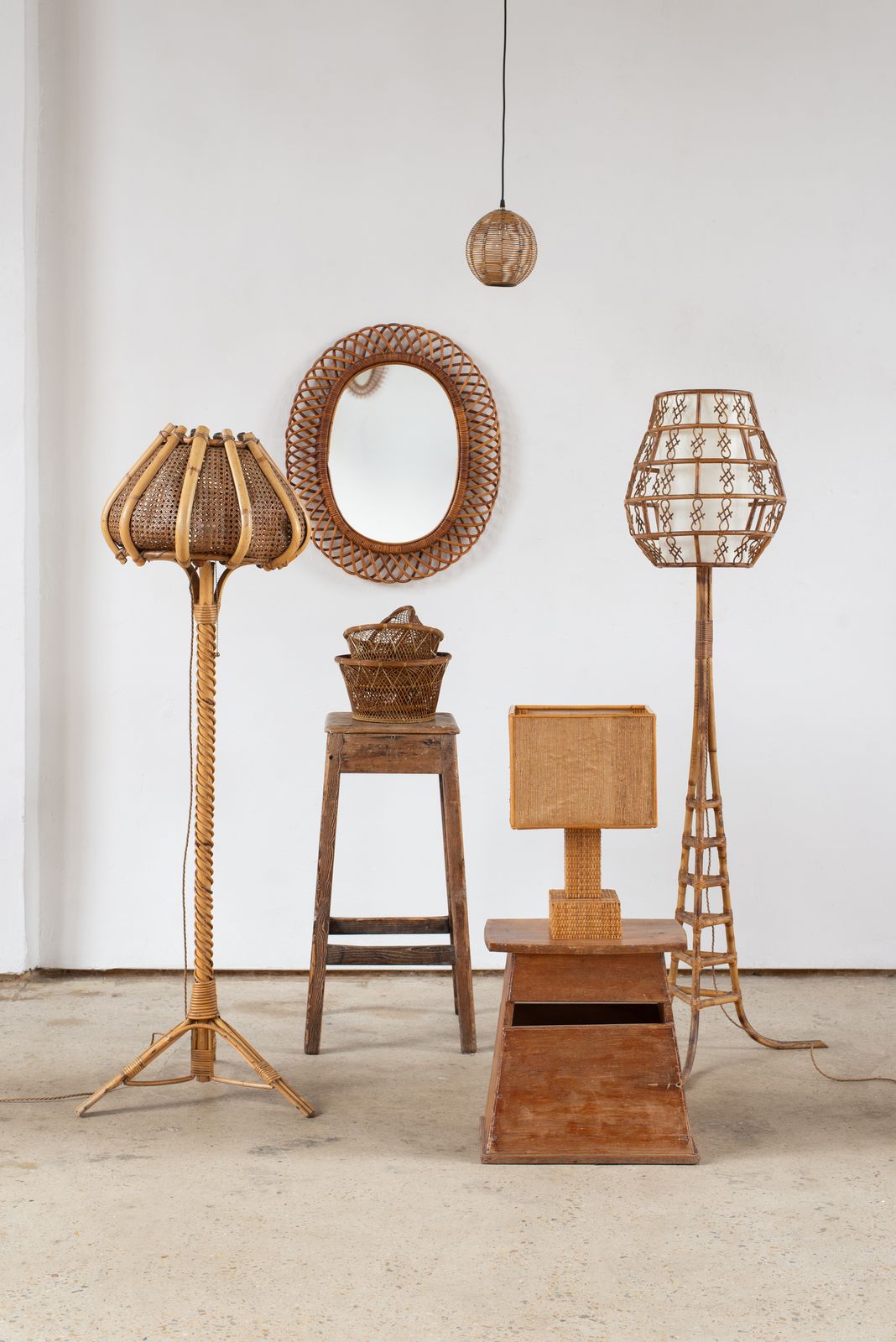 Mid Century Cane And Rattan Floor Lamp, Spain C1960. photo buy