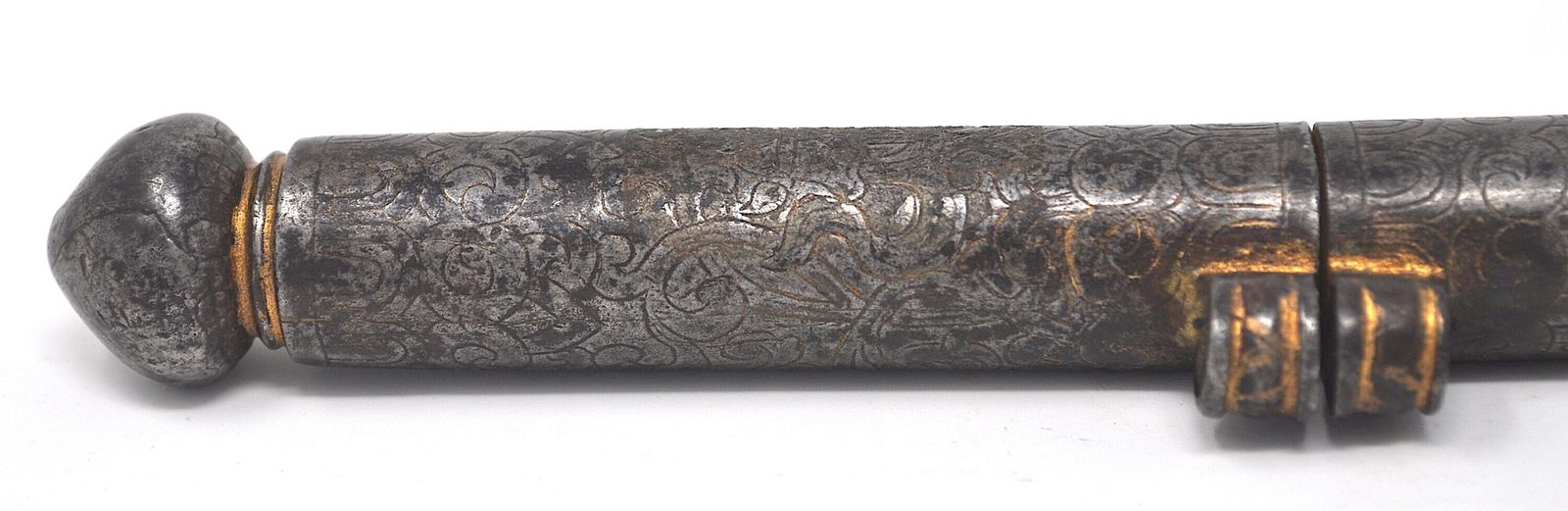Antique Tibetan Iron Document Holder, 16th 17th Century, Parcel Gilt Scrollwork Pen Case, Rare Himalayan Antiquity Collector Gift