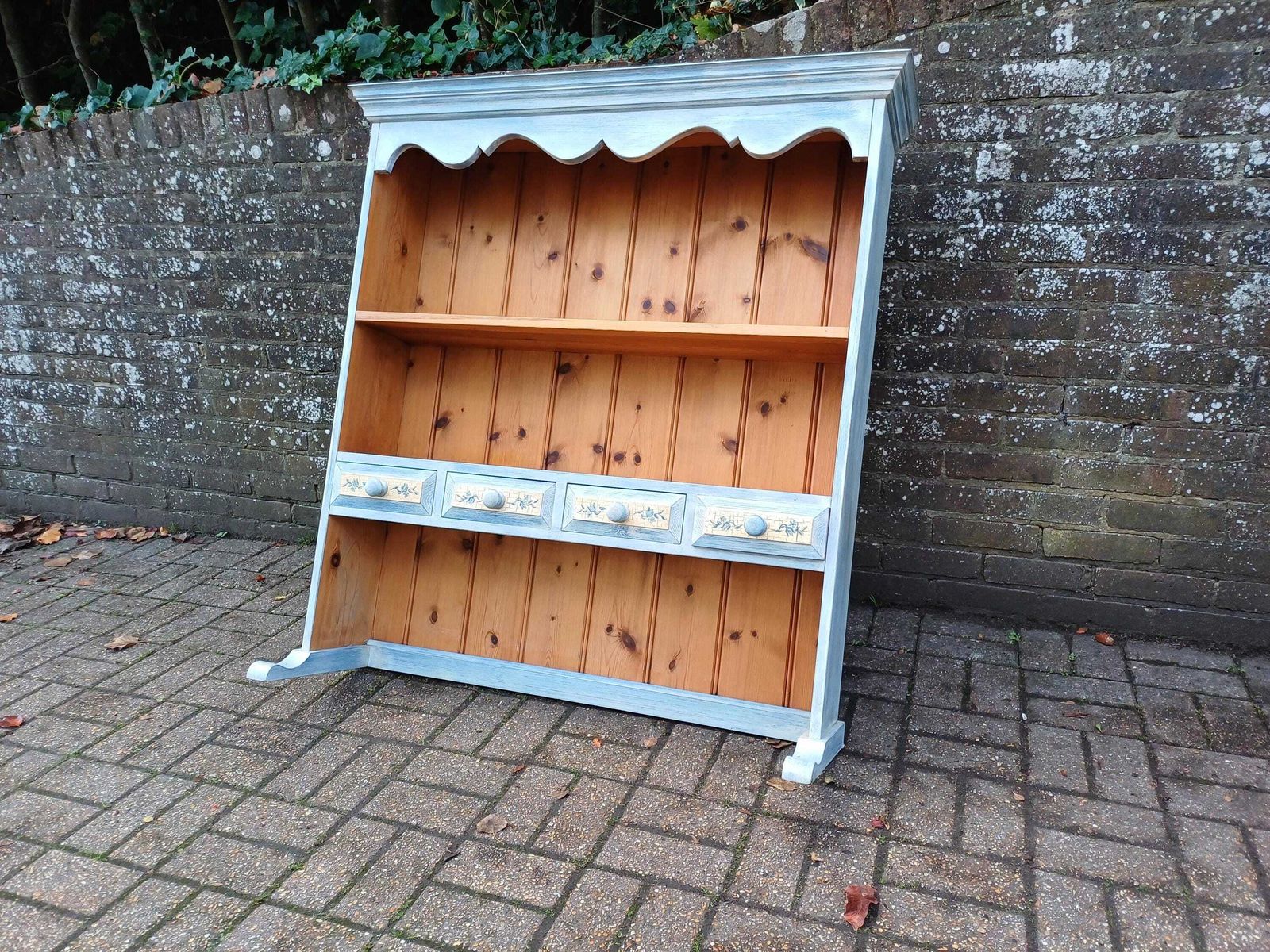 photo vintage Rustic Pine Dresser Top Wall Shelf With Drawers Hand Painted Blue Distressed Finish Country Cottage Kitchen Storage Unit