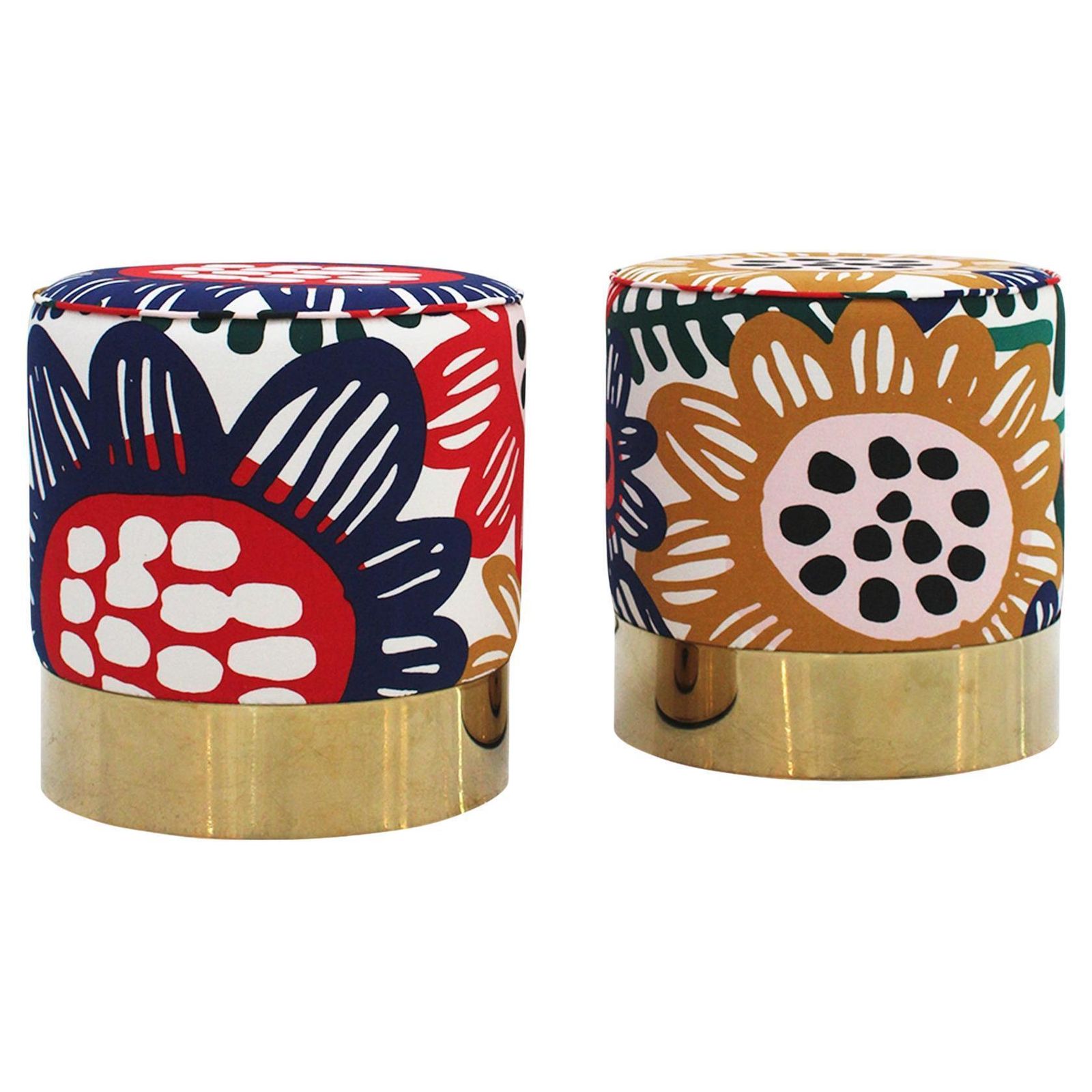 Pair Of Contemporary Italian Circular Poufs In Multicolored Fabric With Floral Motifs