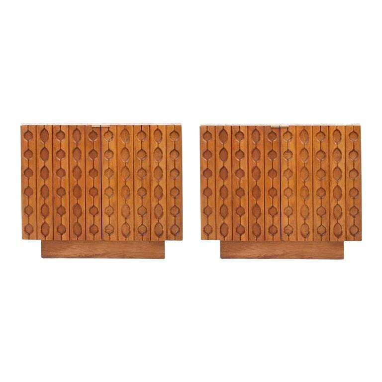 Contemporary Pair Of Italian Sideboards In Solid Wood And Travertine