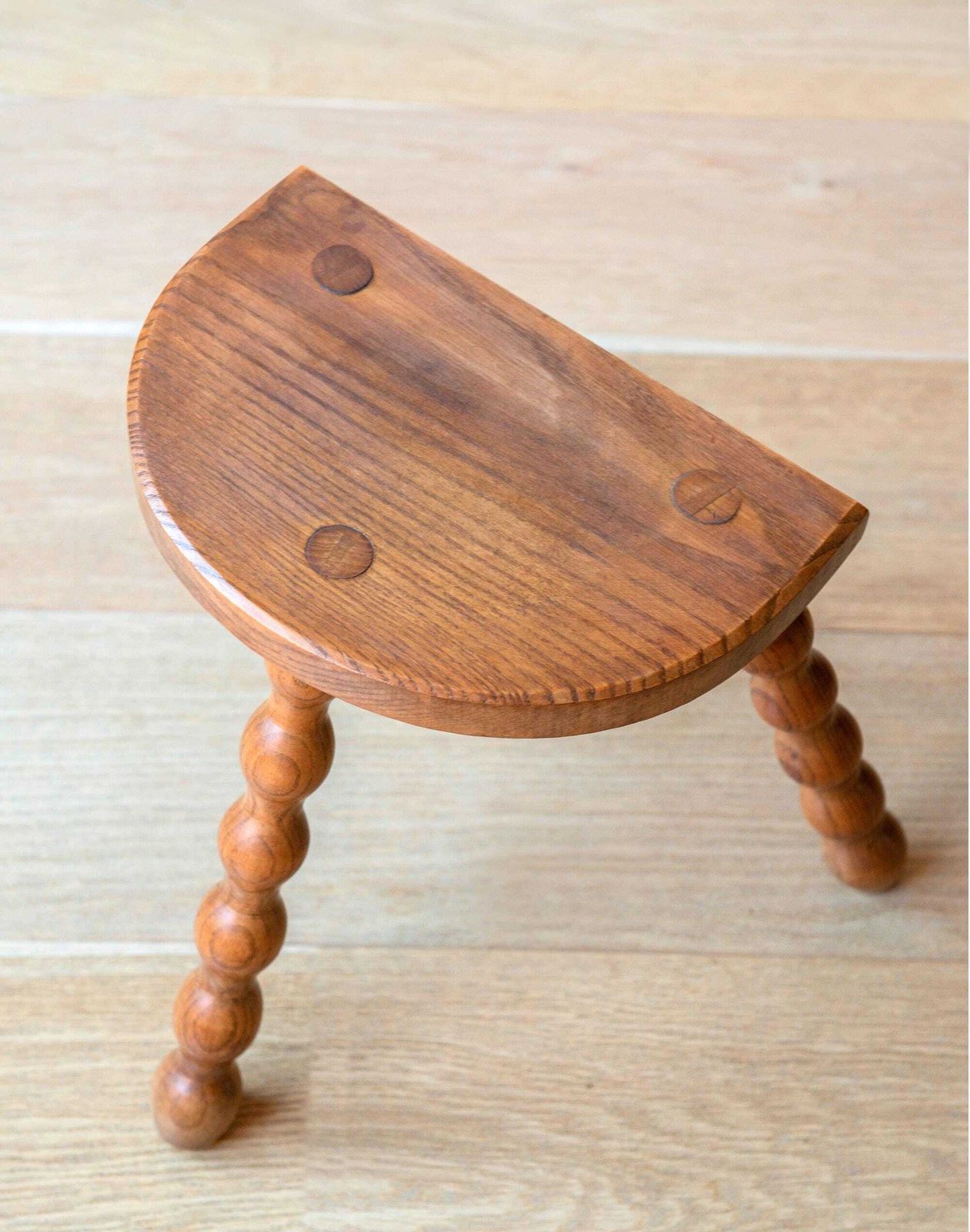 Vintage French Oak Bobbin Stool – Turned Legs – Half Moon Plant Stand   Half Round Top photo vinterior
