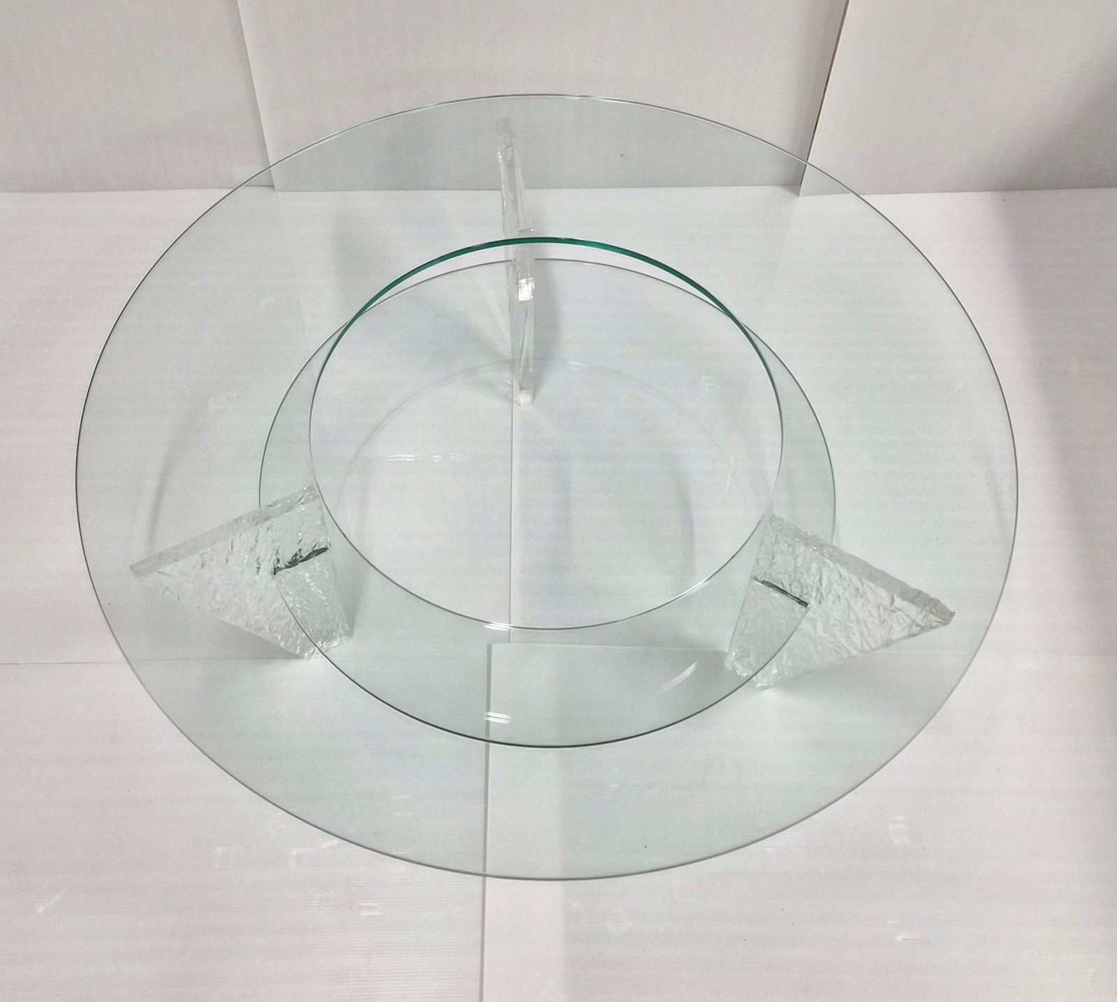 Vintage 1980s Plexiglass Texture & Glass Round Coffee Table 80s Jeannot Cerutti