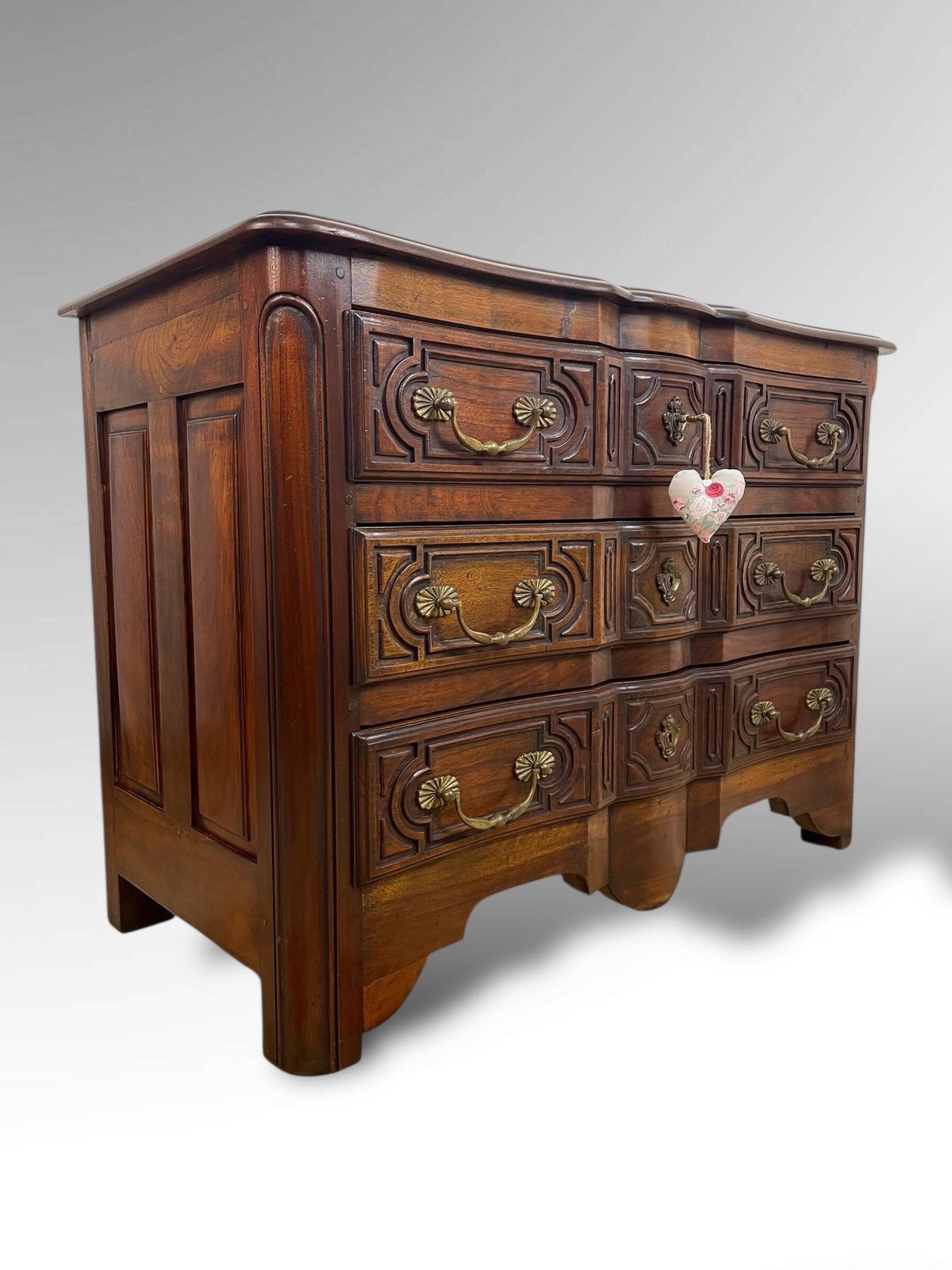 Antique Walnut Commode With Carved Panels & Brass Handles