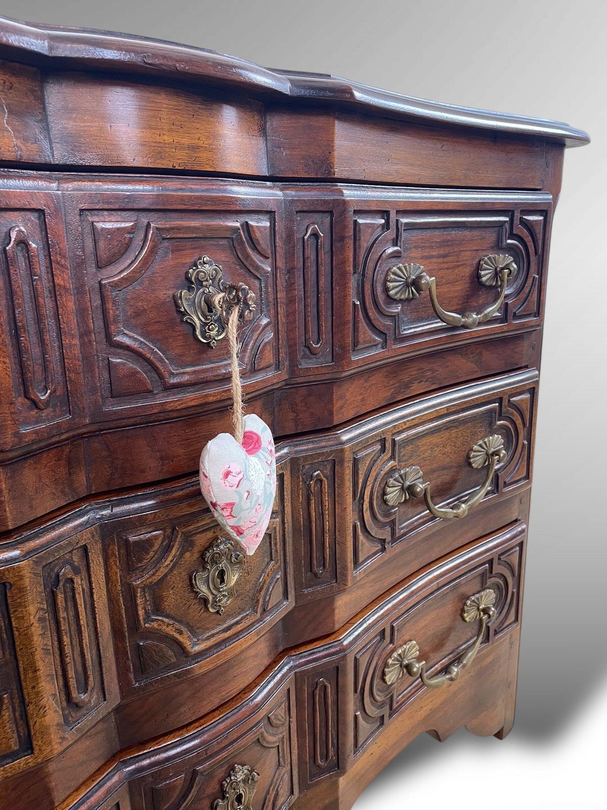 Antique Walnut Commode With Carved Panels & Brass Handles photo vintage