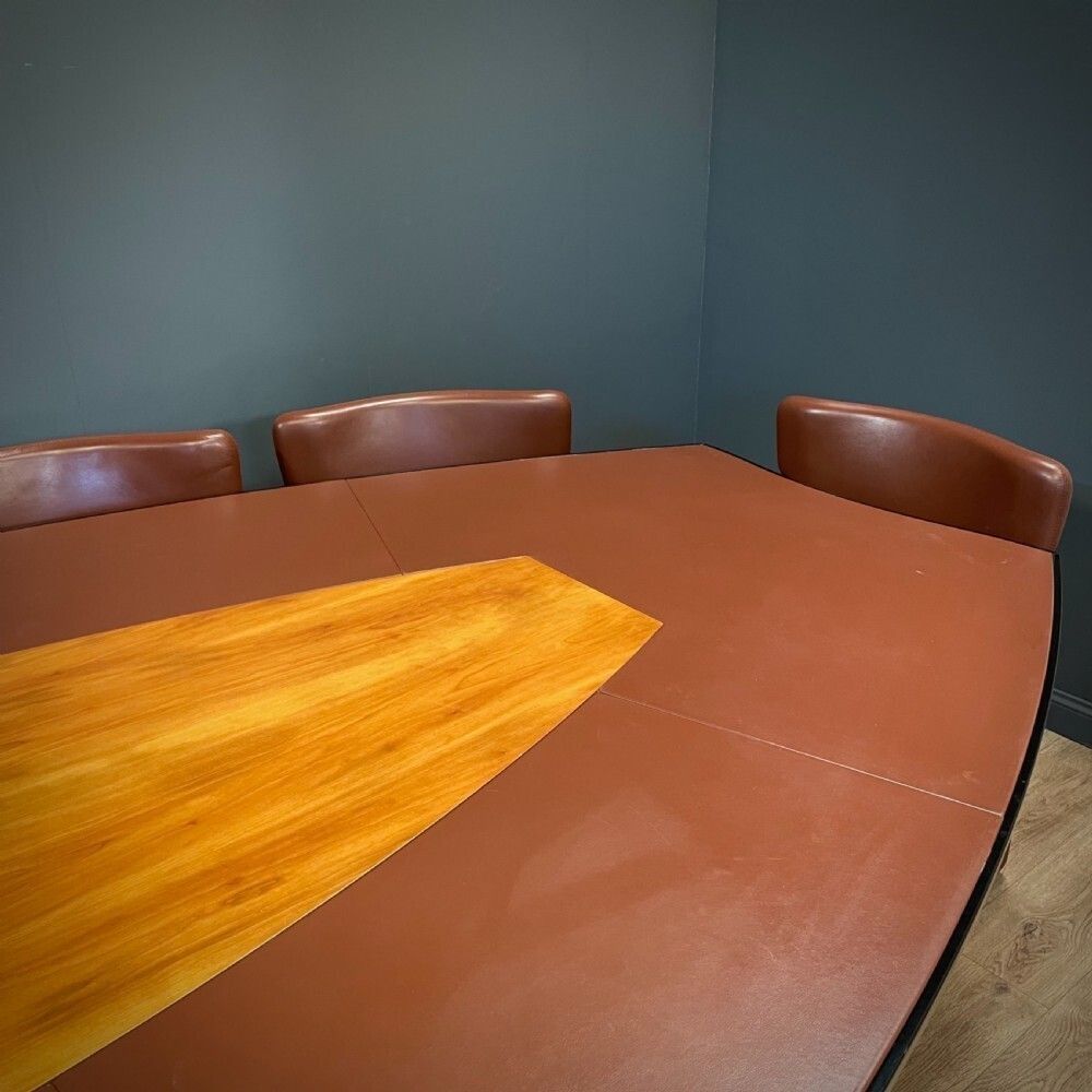 Italian Tecno Spa Conference Table, Twelve Leather Serie 148 Chairs & Console Table photo vintage
