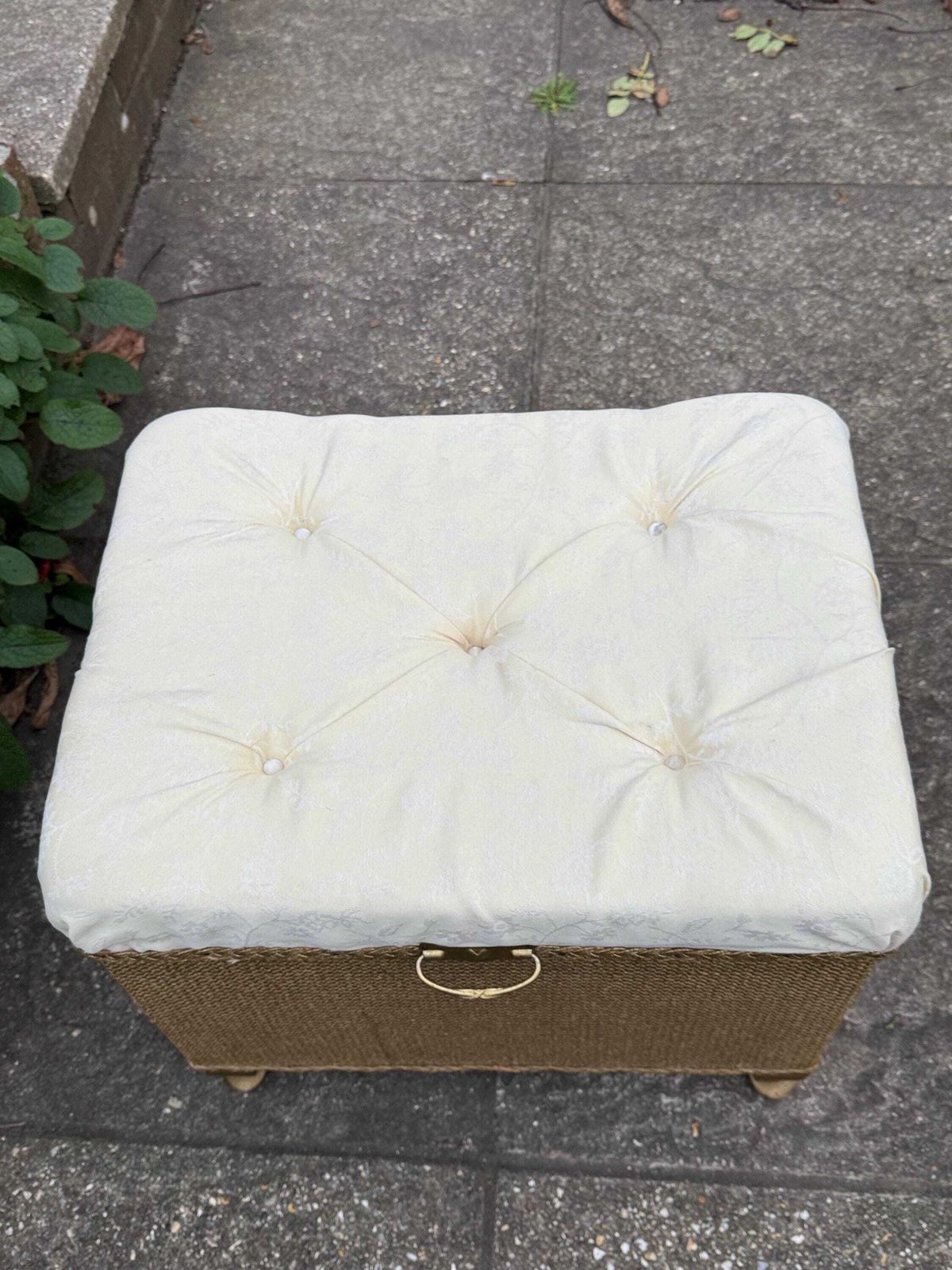 Mid Century Vintage Lloyd Loom Style Gold Linen Basket, Vintage Stool, With New Padded Seat Cover photo vinterior