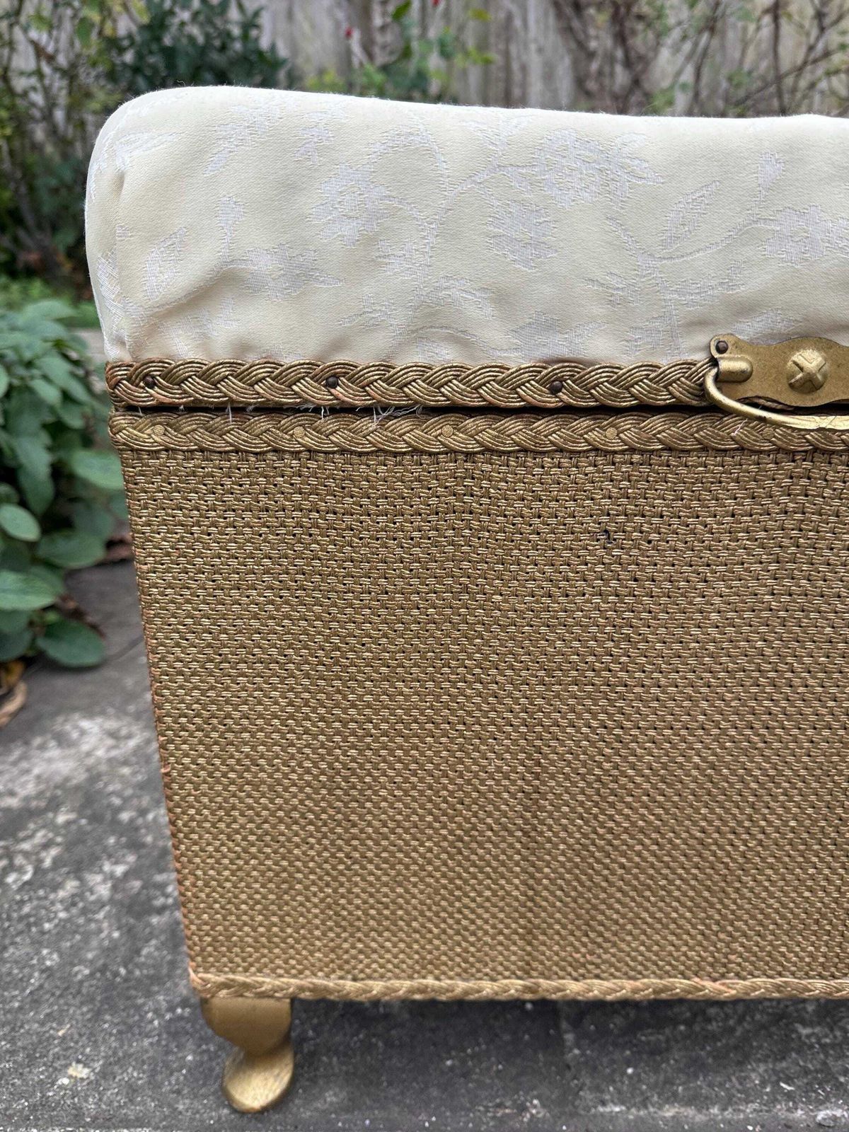 photo furniture Mid Century Vintage Lloyd Loom Style Gold Linen Basket, Vintage Stool, With New Padded Seat Cover
