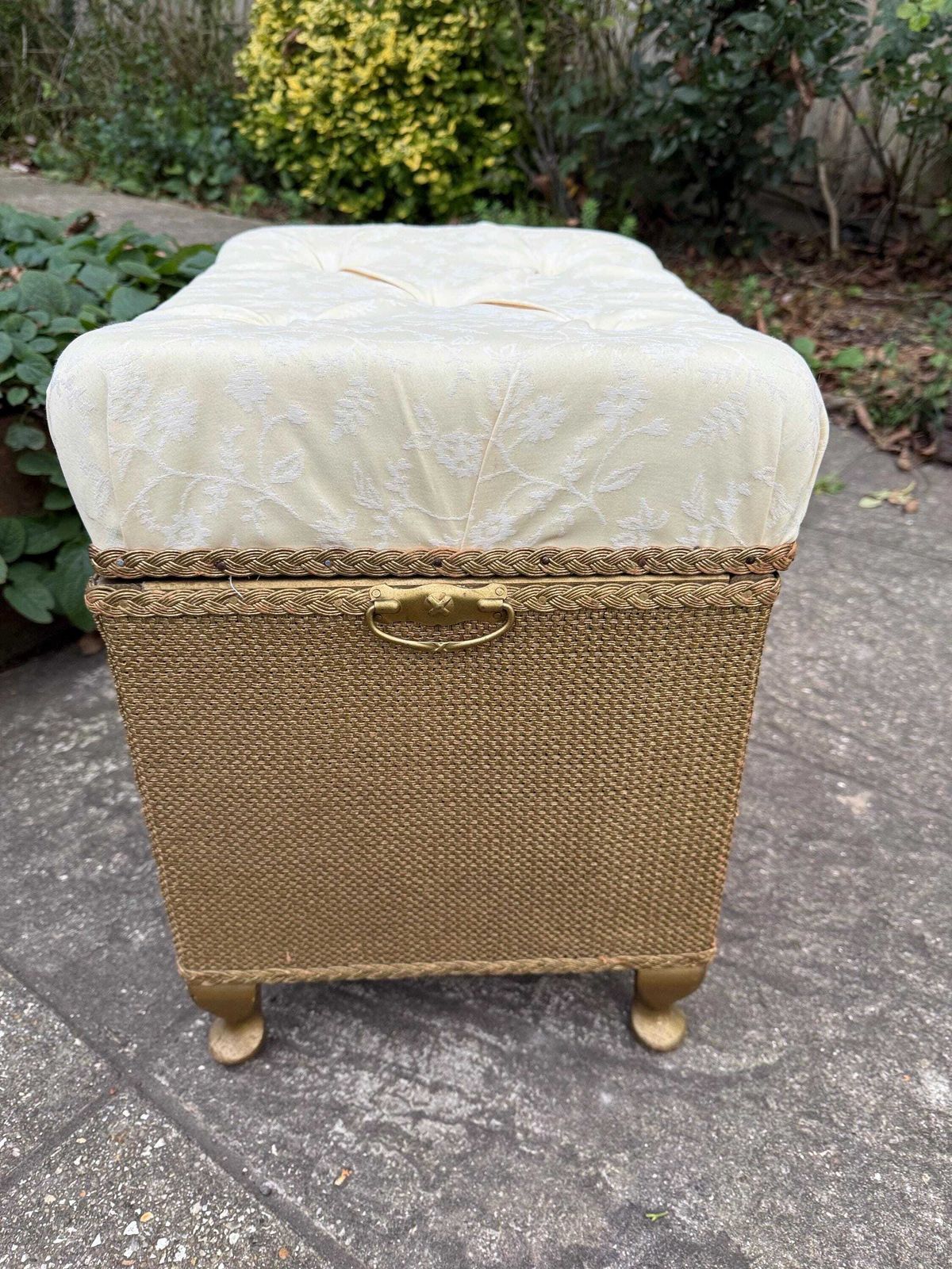 125.0 Mid Century Vintage Lloyd Loom Style Gold Linen Basket, Vintage Stool, With New Padded Seat Cover photo