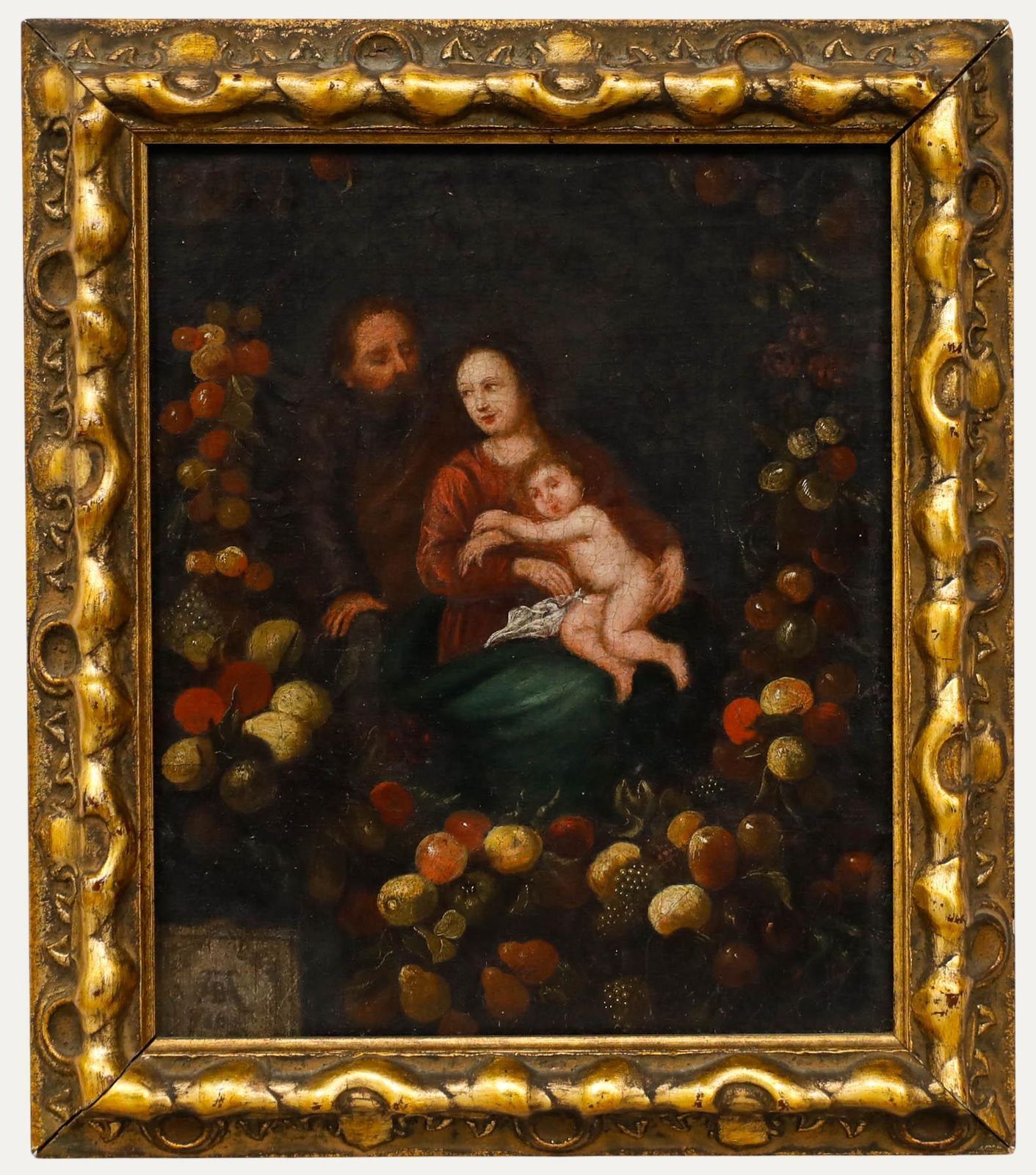 Follower Of Andries Daniels 17th Century Oil, Fruit Garland With Christ