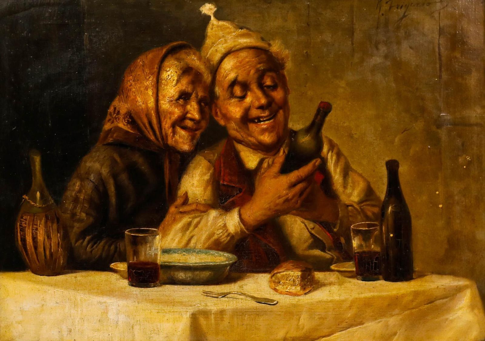 R. Frigerio (1875 1948) After P. Massani Oil, The Wine Merchant And His Wife photo furniture