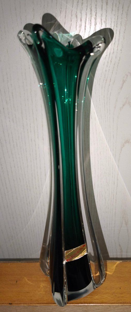 Clear & Emerald Green Sommerso Murano Glass Vase, 1950s photo for sale