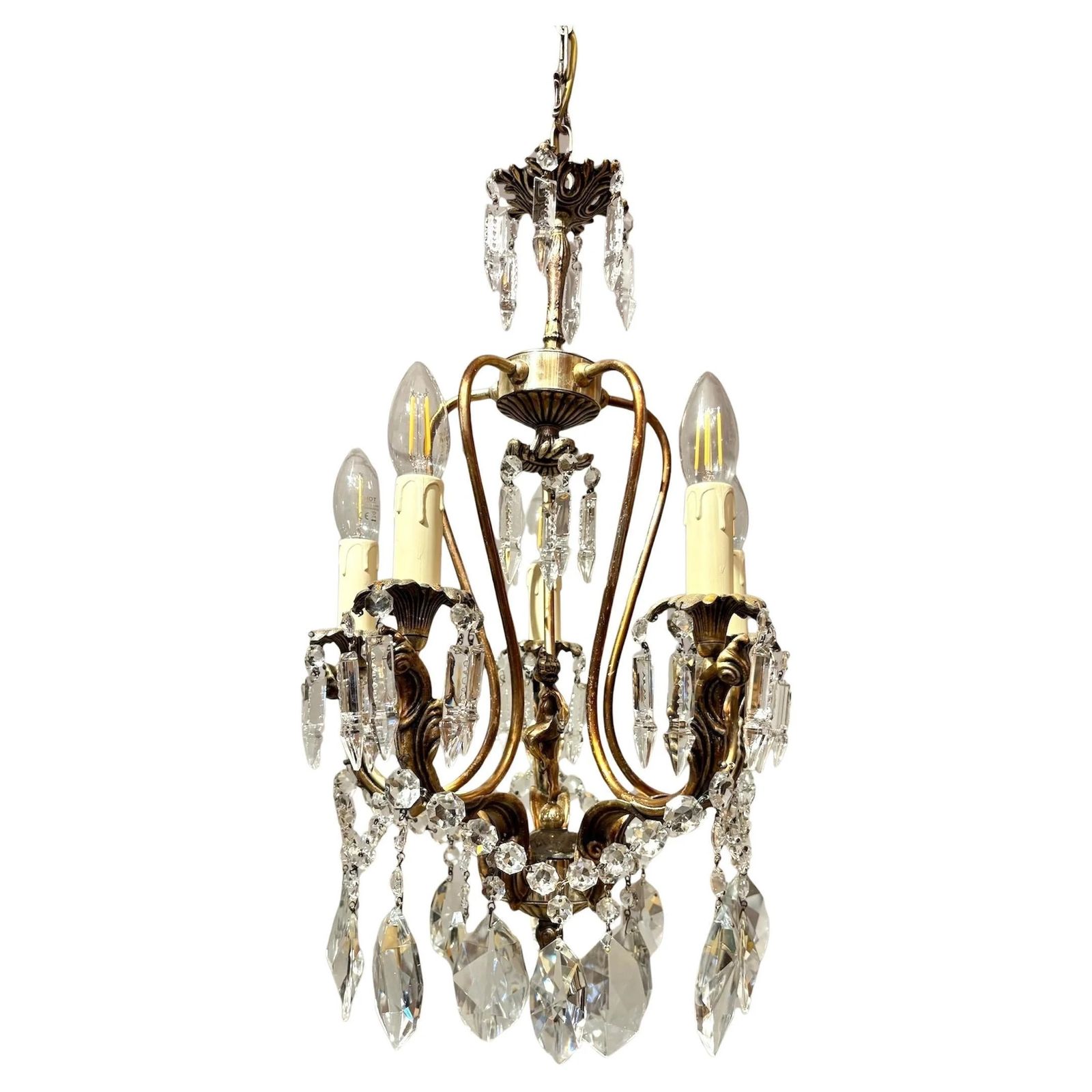 Italian Mid Century Gilded Brass Chandelier With Bohemian Crystal