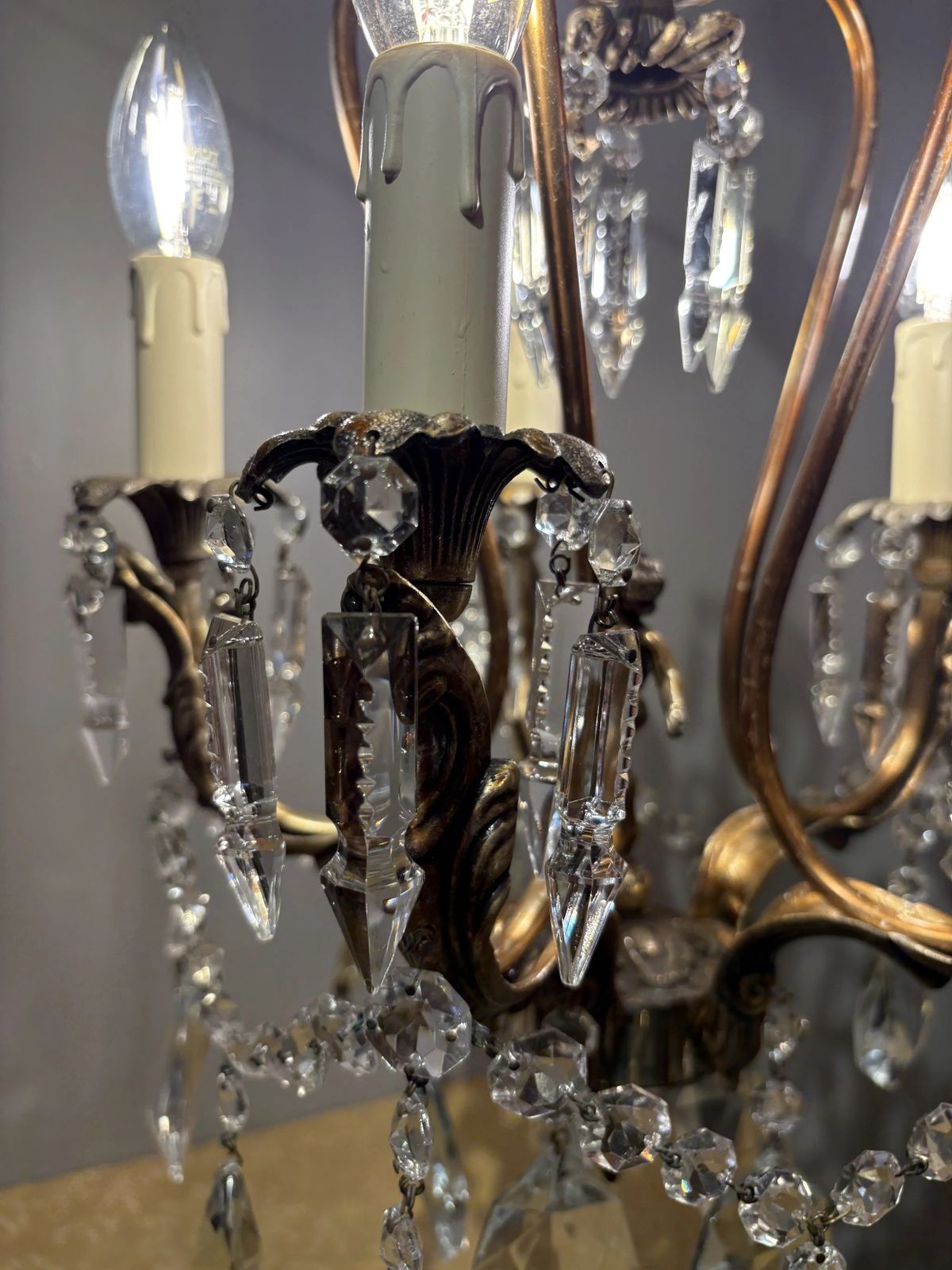 Italian Mid Century Gilded Brass Chandelier With Bohemian Crystal photo 1327.0