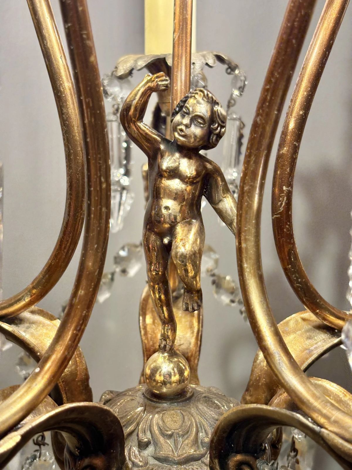 Italian Mid Century Gilded Brass Chandelier With Bohemian Crystal photo buy