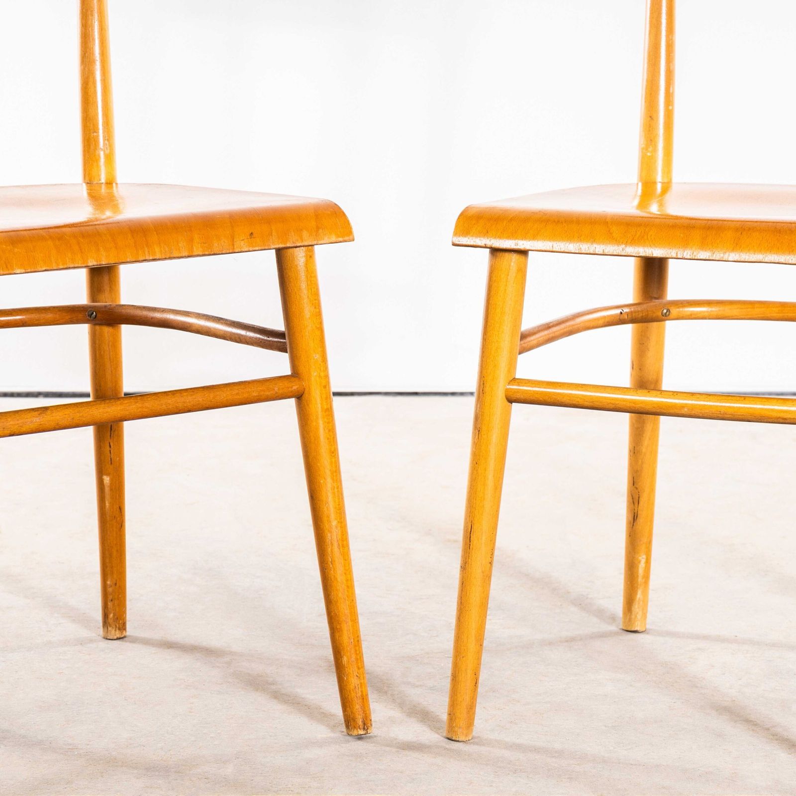1950’s Honey Oak Single Bar With Flat Curved Edged Seat Dining Chairs – Pair photo for sale