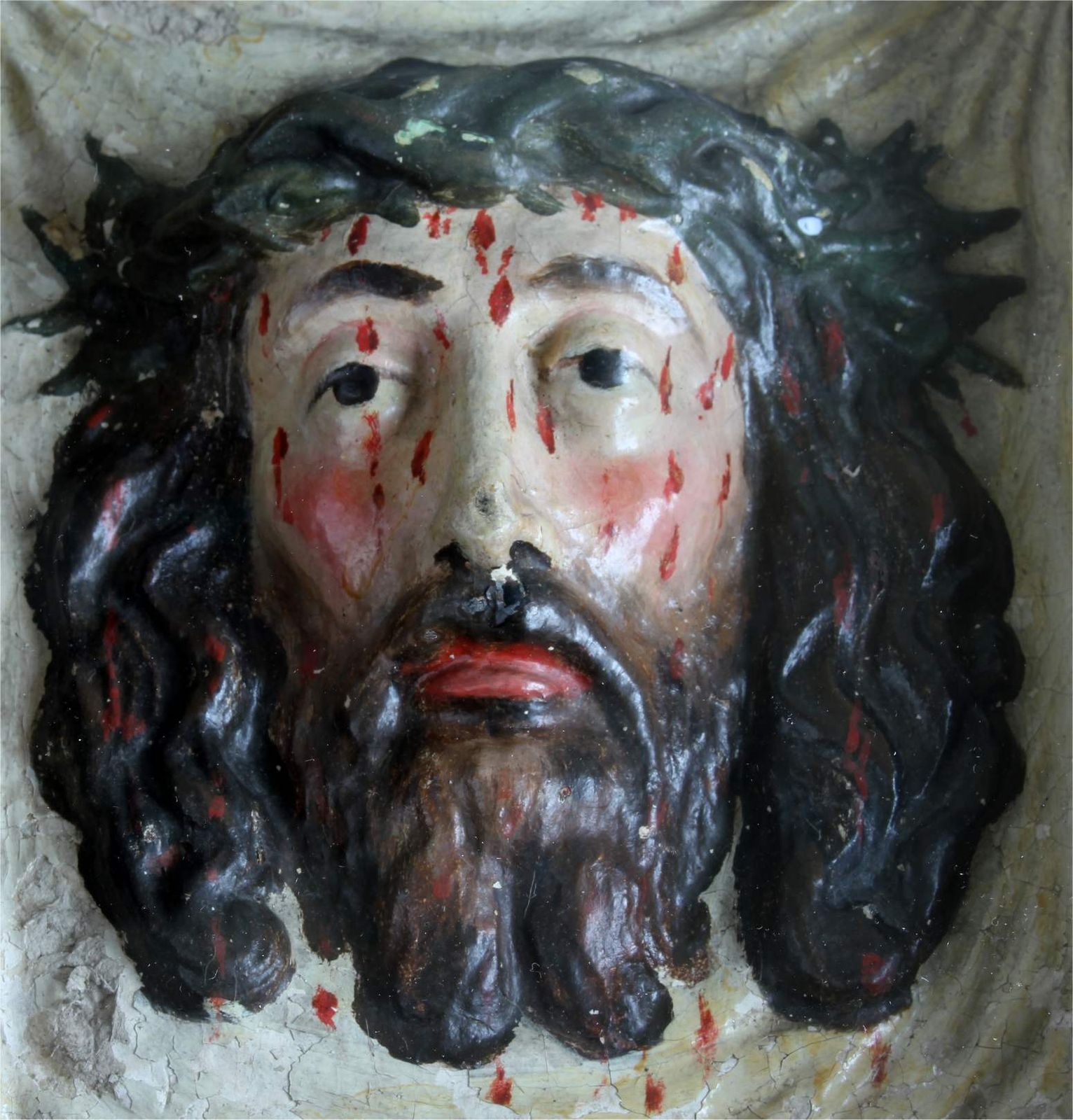 Antique Jesus Christ Veil Of Veronica. Papier Mache Display Case. 1800s. photo for sale