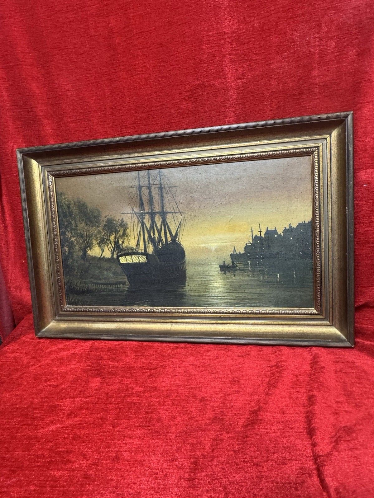 photo furniture Moonlit Masted Galleon In Harbour Scene Oil Painting Signed Adams