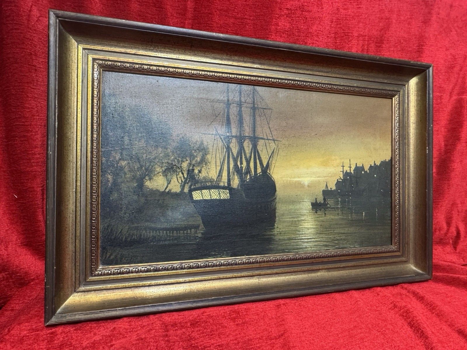 photo vinterior Moonlit Masted Galleon In Harbour Scene Oil Painting Signed Adams