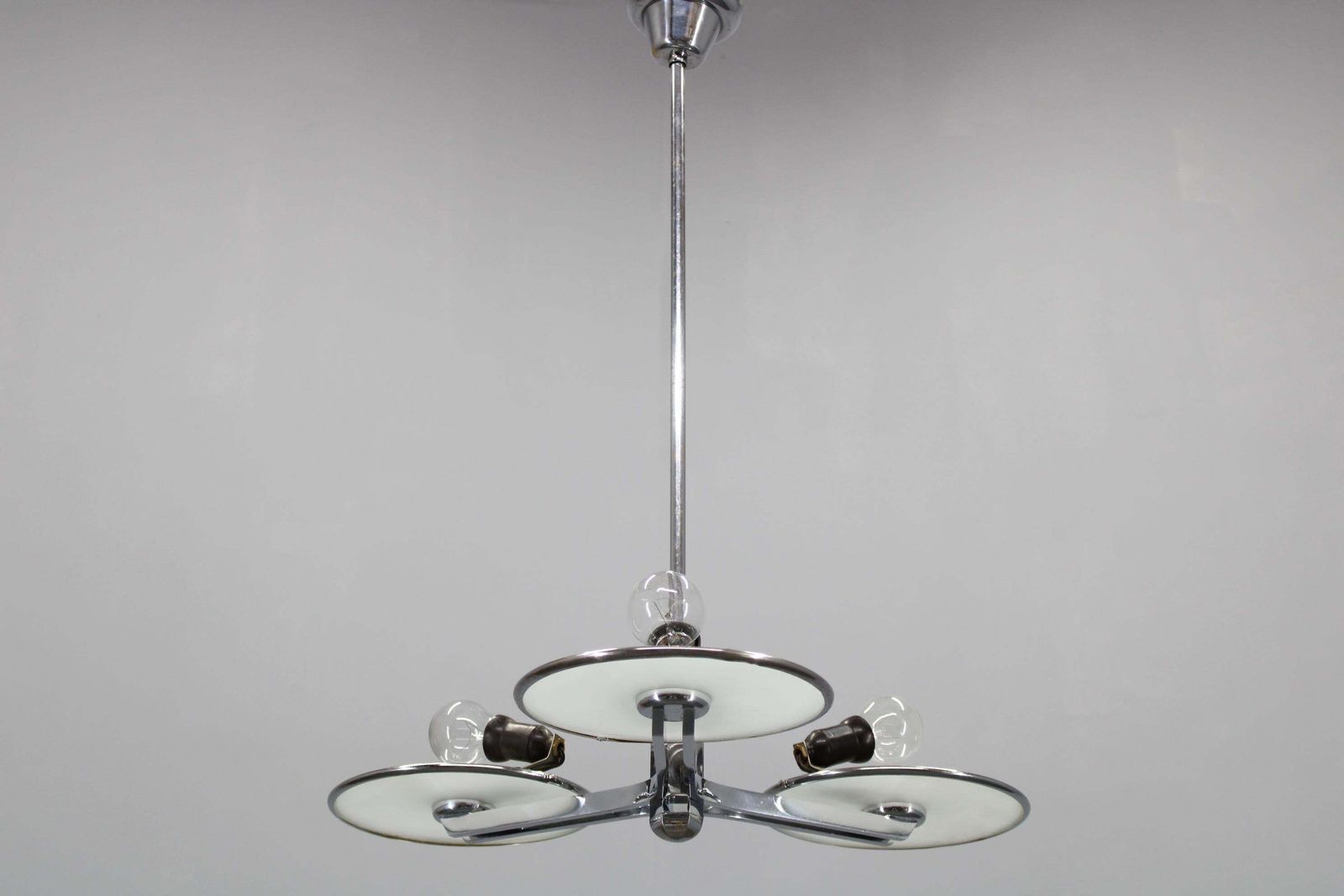 Restored Bauhaus Or Art Deco Chrome And Glass Chandelier, Czechoslovakia photo furniture