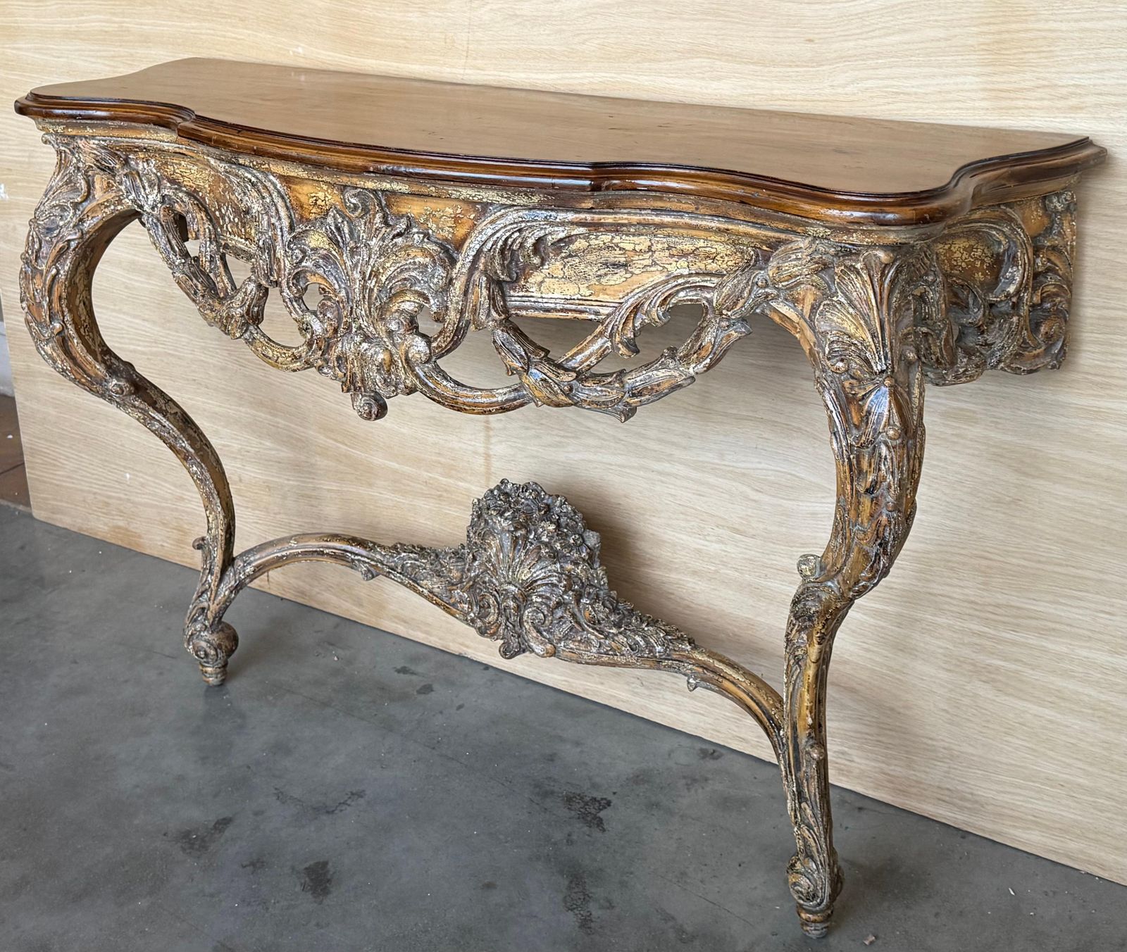 French Louis XIV Style Carved Painted Wall Mounted Console Table With Wood Top photo vinterior