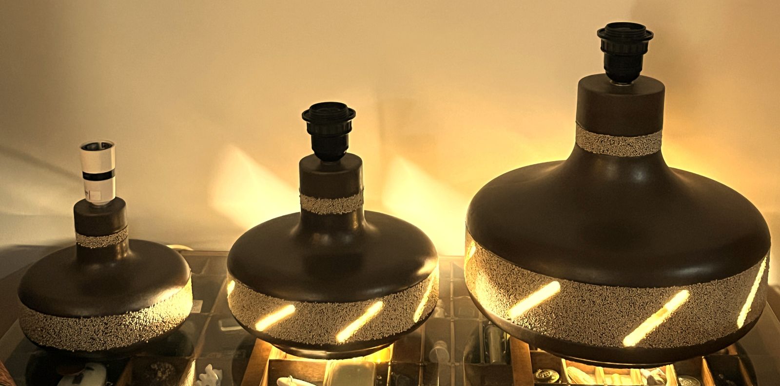 photo for sale Set Of 3 Graduated Midcentury Modern West German Pottery Fat Lava Twin Bulb Table Lamp Bases.