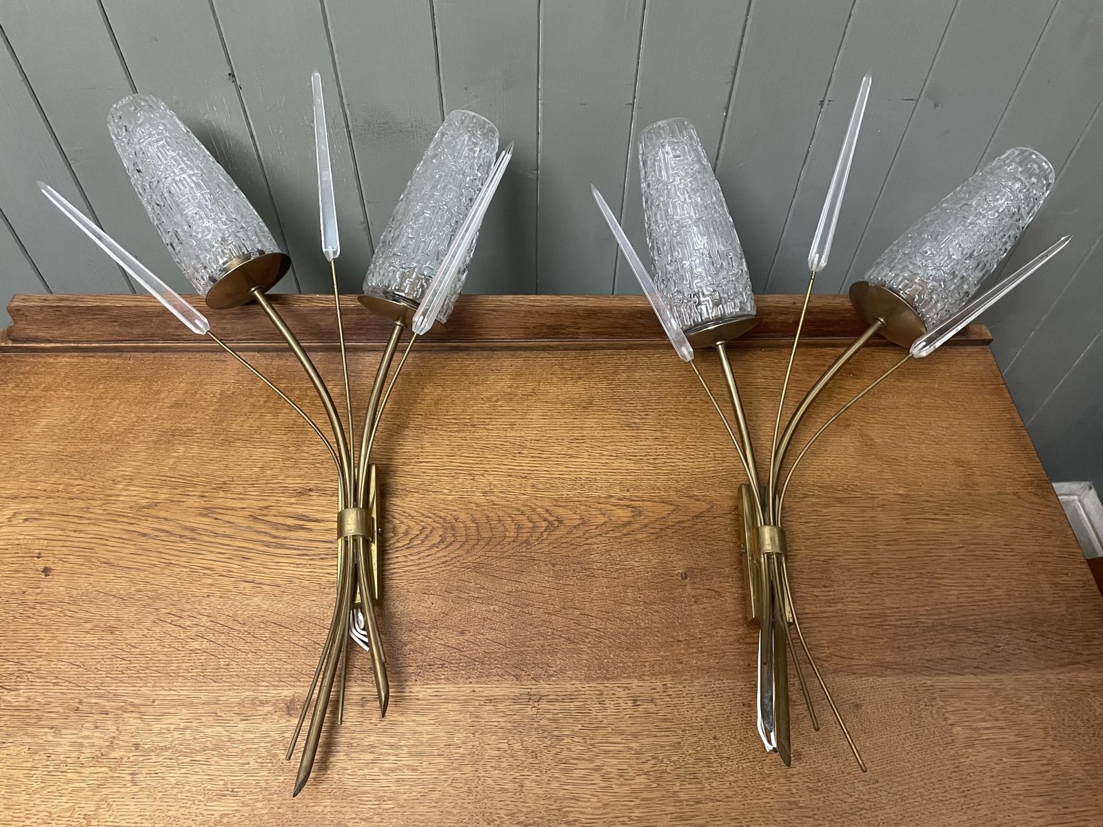 Mid Century Pair Of Brass & Perspex French Wall Lights Attributed To Maison Arlus