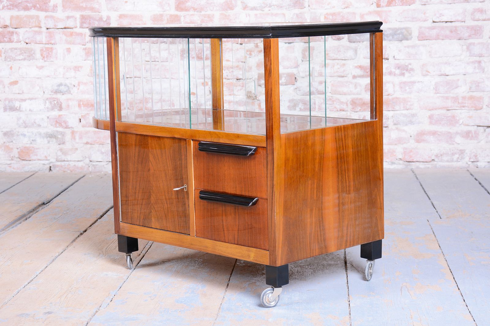 Restored Art Deco Serving Trolley, Walnut, Glass, Repolished, Czech, 1920s photo for sale
