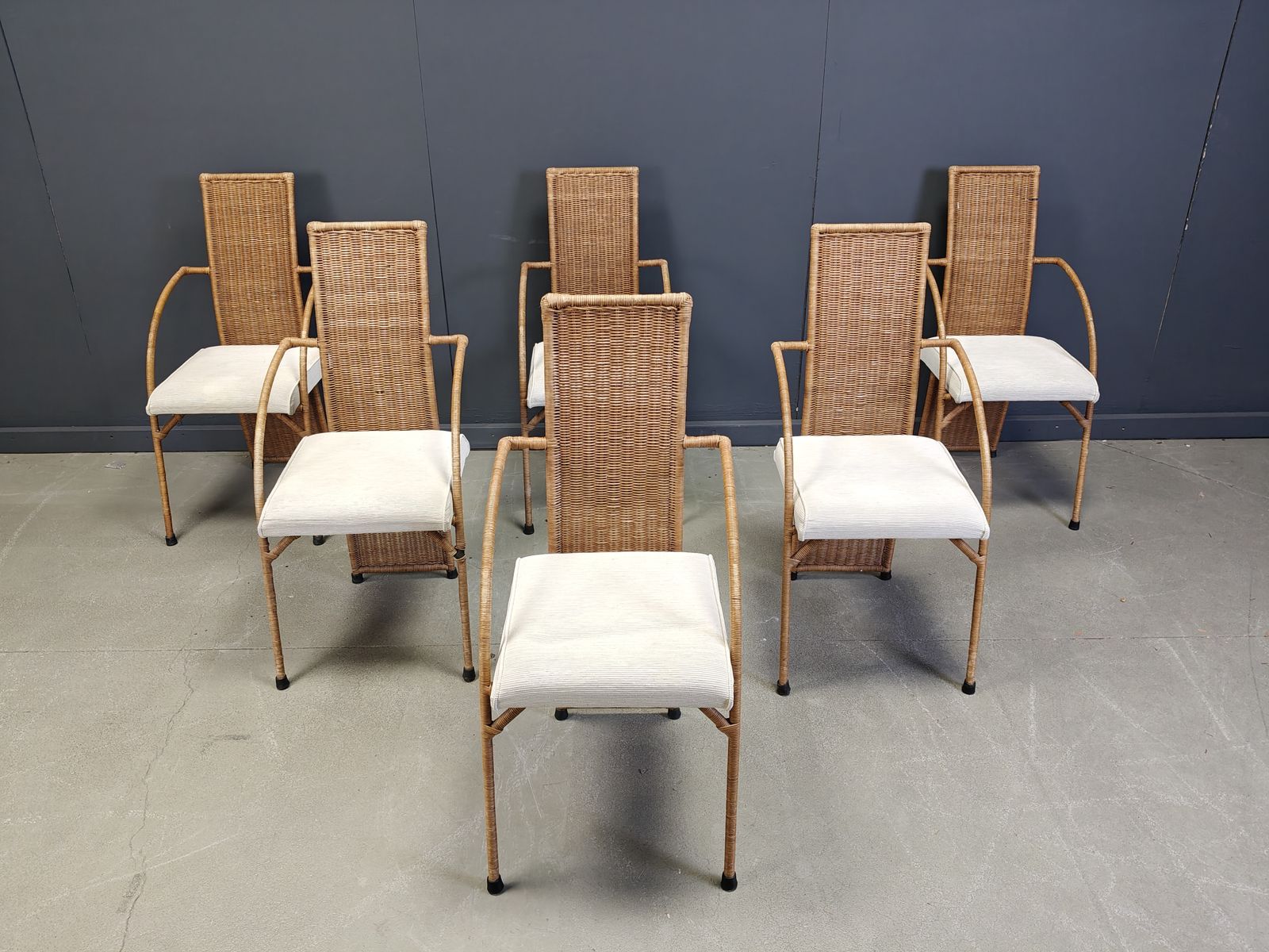 photo furniture Vintage High Back Wicker Dining Chairs Set Of 6   1980s