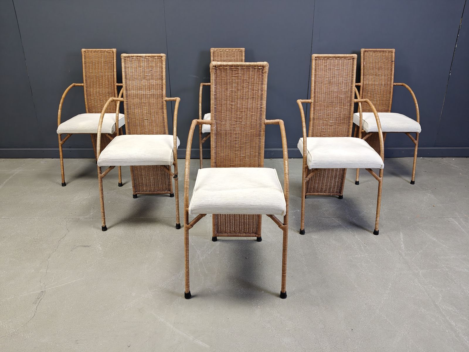 Vintage High Back Wicker Dining Chairs Set Of 6   1980s