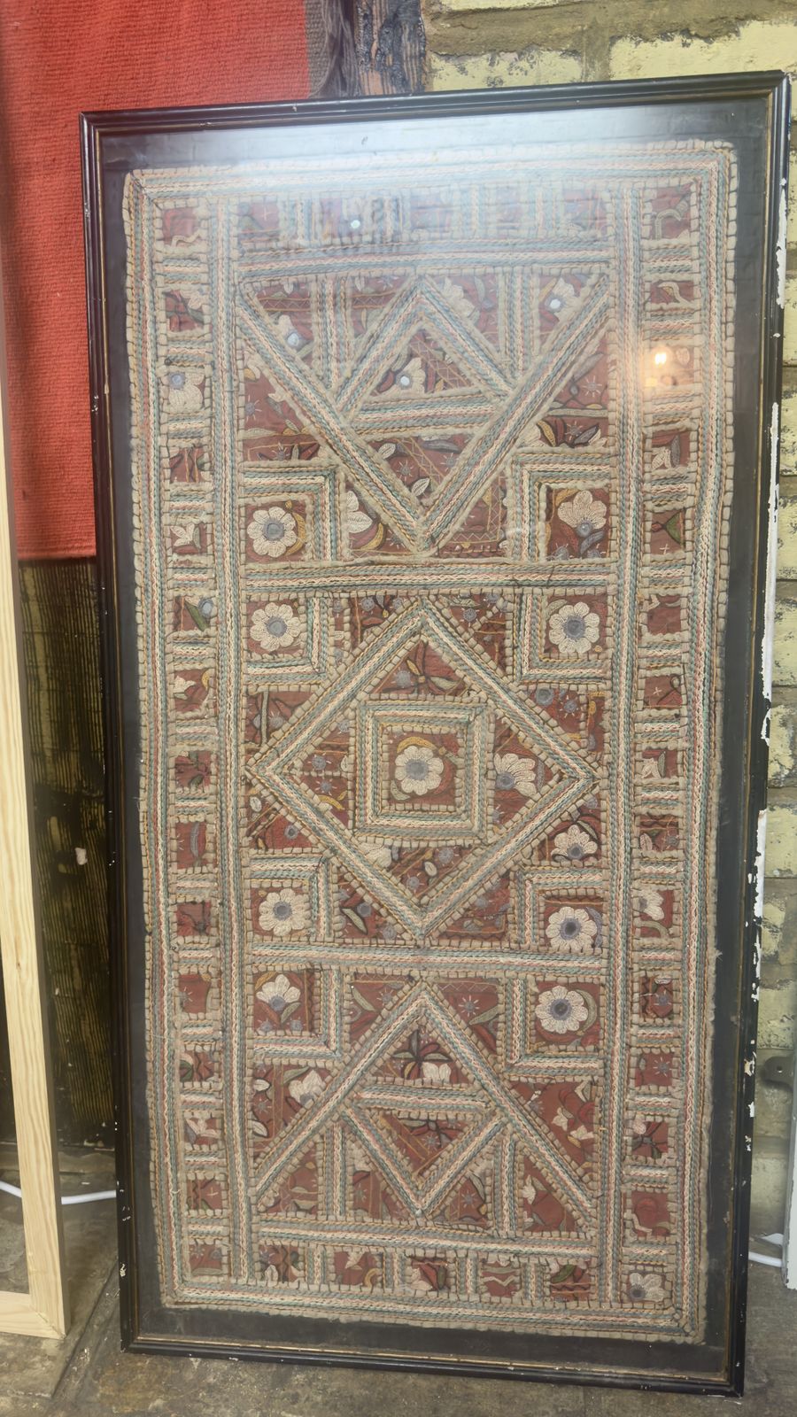 Hand Woven Cloths In Glass And Wood Frame Wall Art photo furniture