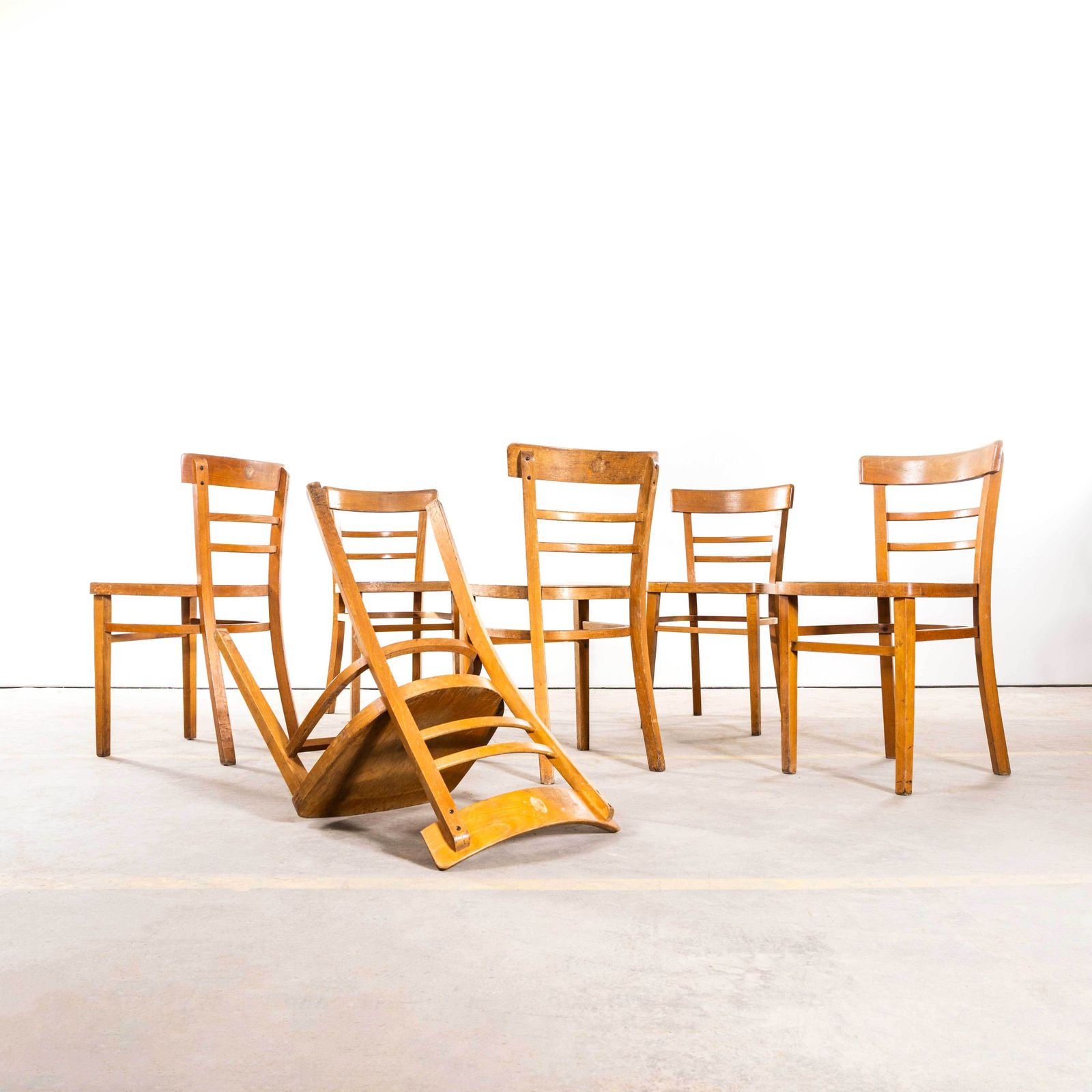 1960's Honey Two Step Ladder Backed Dining Chairs   Set Of Six photo for sale