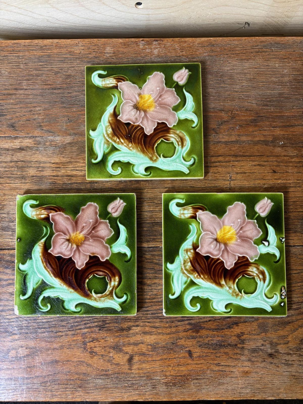 Set Of 3 Art Nouveau Relief Moulded Fireplace Tiles – Pink Clematis On C.1900 photo furniture