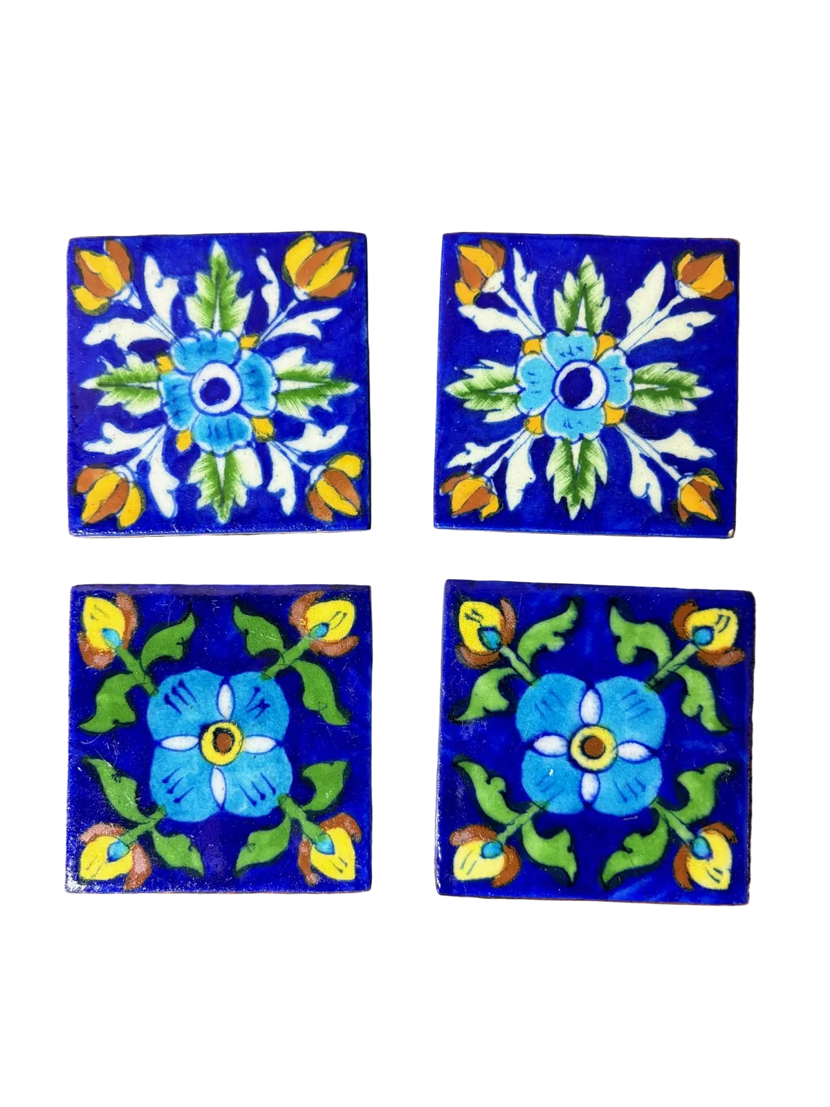 Set Of 4 Hand‑Painted Persian/Jaipur‑Style Floral Tiles On Cobalt Blue, 7.5 Cm