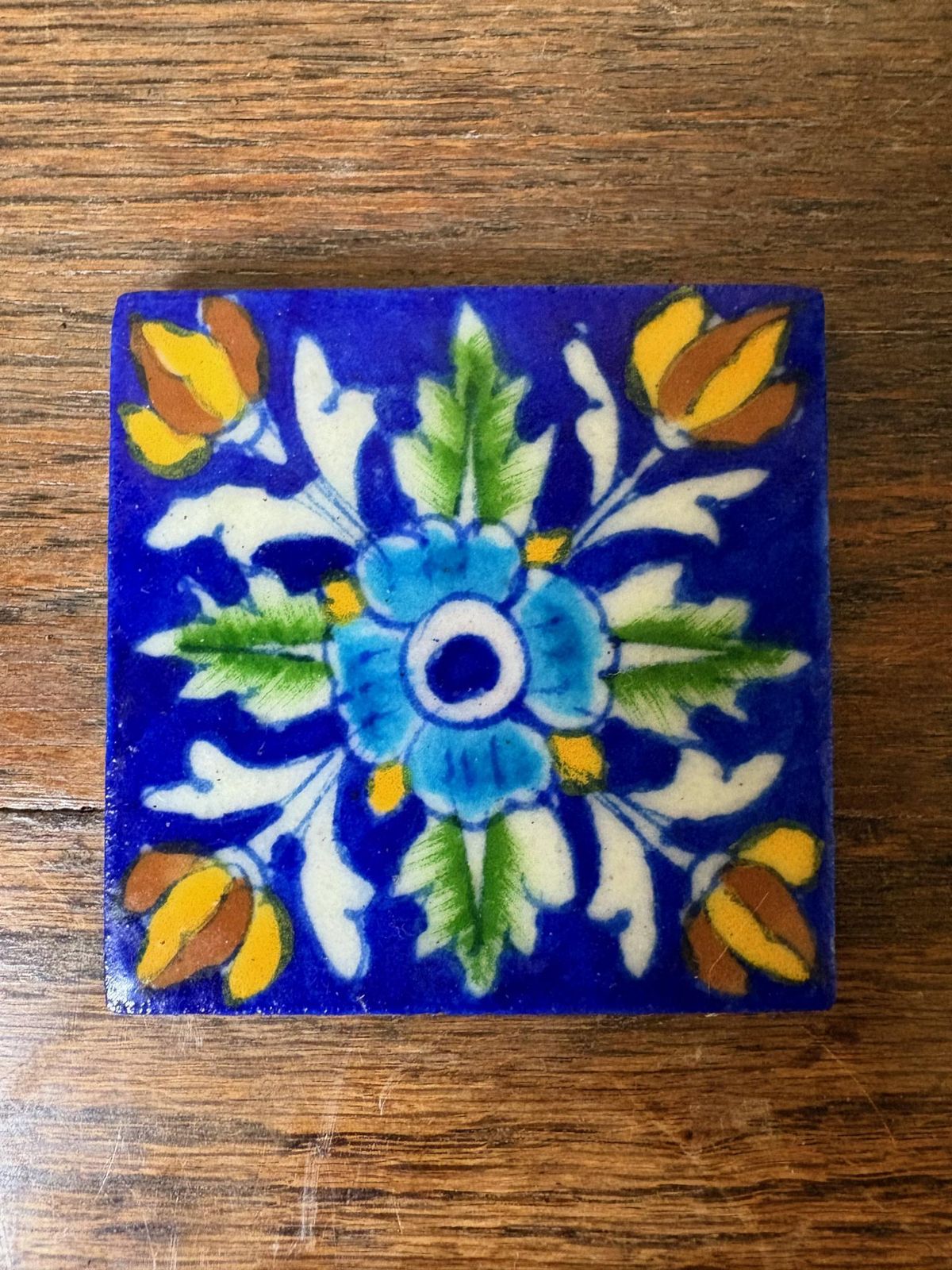 Set Of 4 Hand‑Painted Persian/Jaipur‑Style Floral Tiles On Cobalt Blue, 7.5 Cm photo for sale