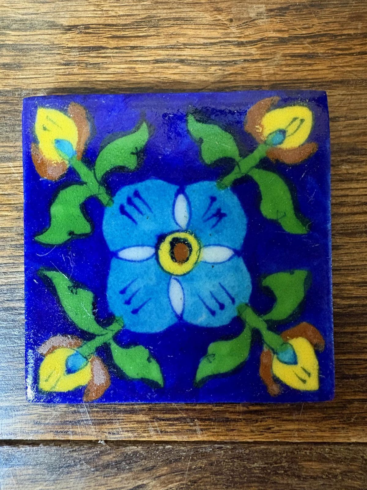 Set Of 4 Hand‑Painted Persian/Jaipur‑Style Floral Tiles On Cobalt Blue, 7.5 Cm photo 79.0