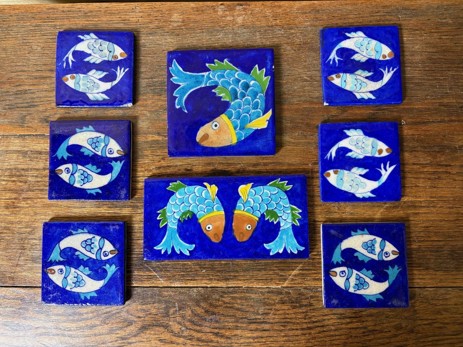 Set Of 8 Hand‑Painted Jaipur Blue Pottery “Fish” Tiles, Cobalt Ground photo furniture