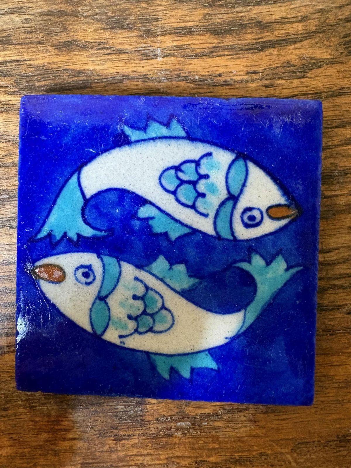 Set Of 8 Hand‑Painted Jaipur Blue Pottery “Fish” Tiles, Cobalt Ground photo buy