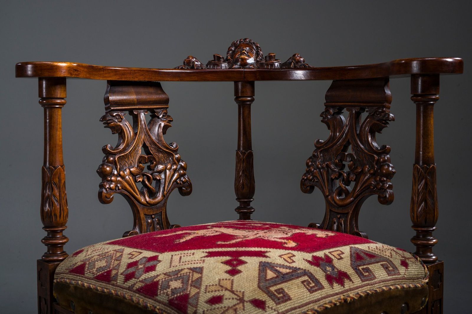 19th Century Italian Renaissance Style Carved Walnut Corner Chairs, Set Of 2 photo for sale