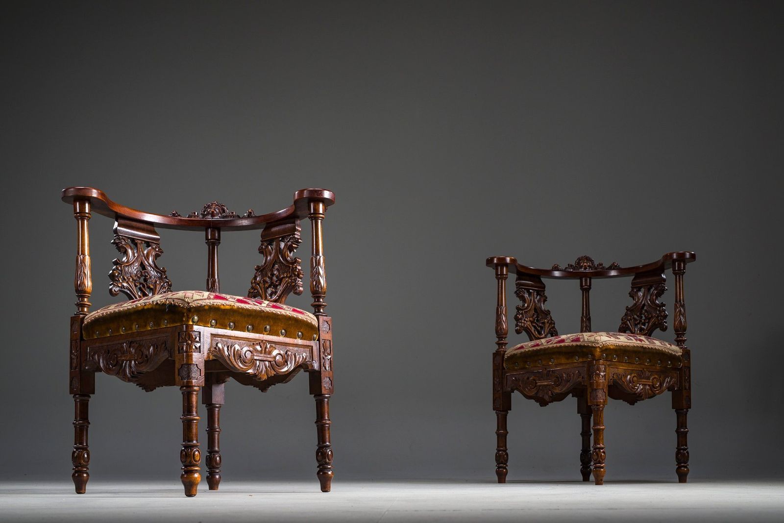 photo for sale 19th Century Italian Renaissance Style Carved Walnut Corner Chairs, Set Of 2