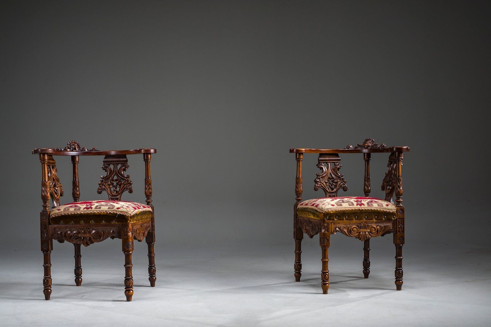 1576.0 19th Century Italian Renaissance Style Carved Walnut Corner Chairs, Set Of 2 photo