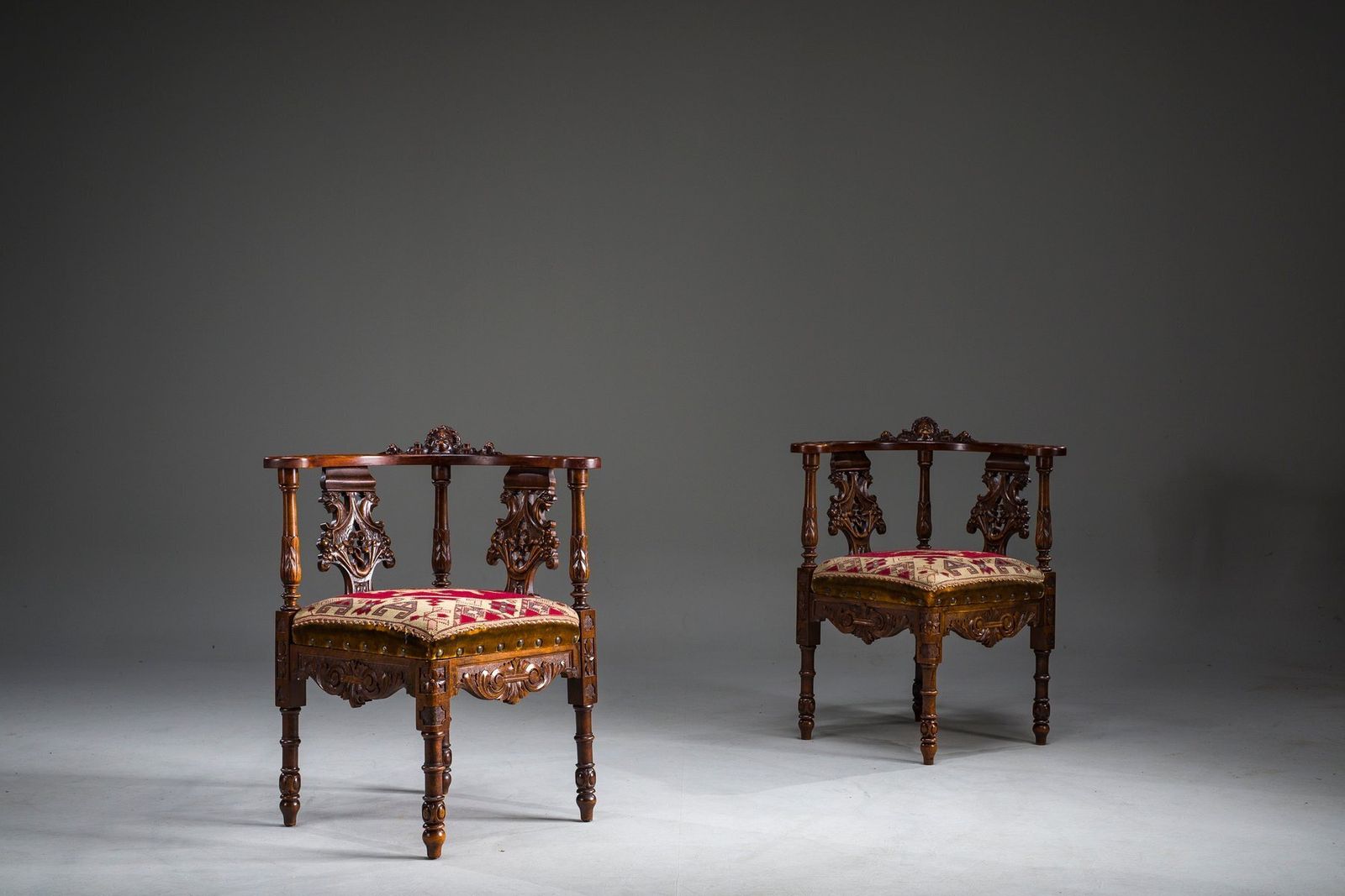 photo buy 19th Century Italian Renaissance Style Carved Walnut Corner Chairs, Set Of 2