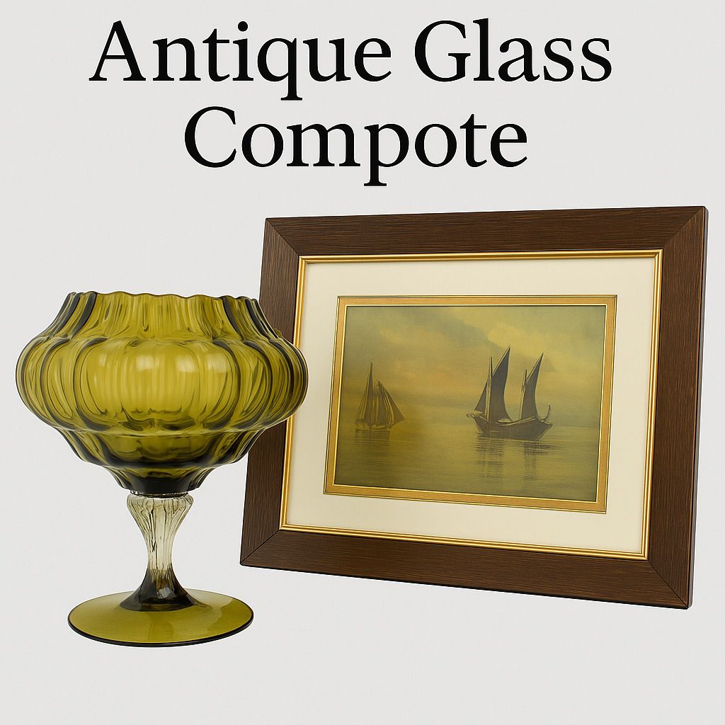 Framed Freda Dean Sailboat Painting (1996) And Mid Century Olive Glass · Empoli Or Bohemia photo for sale