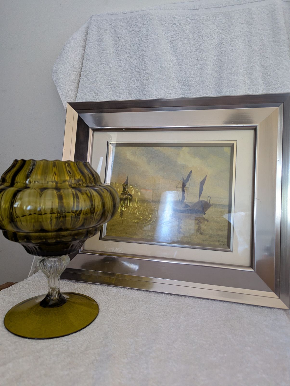 photo buy Framed Freda Dean Sailboat Painting (1996) And Mid Century Olive Glass · Empoli Or Bohemia